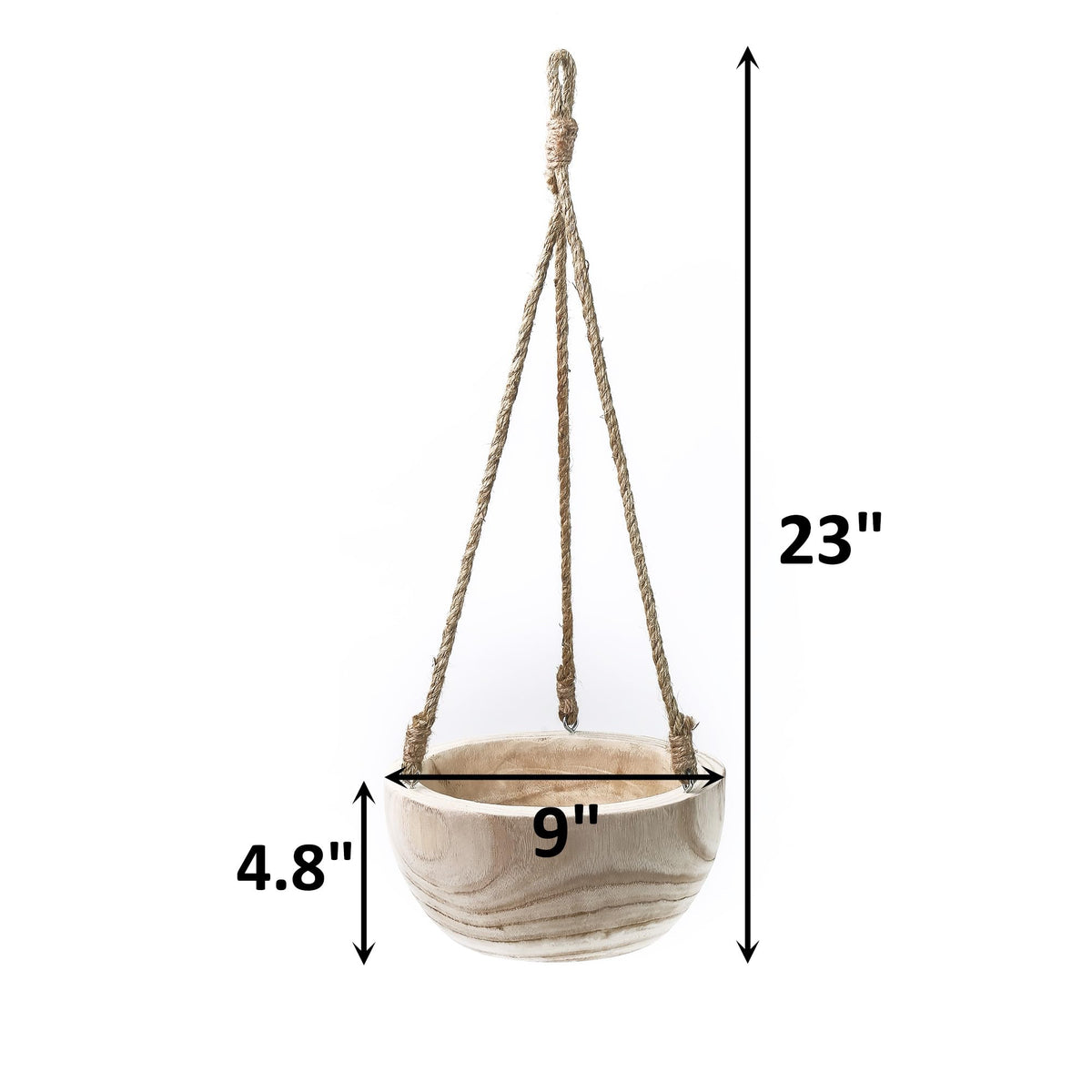 CYS EXCEL Meduim Wooden Hanging Planter Paulownia Wood Bowl Basket with Jute Rope for Indoor Plants Succulents