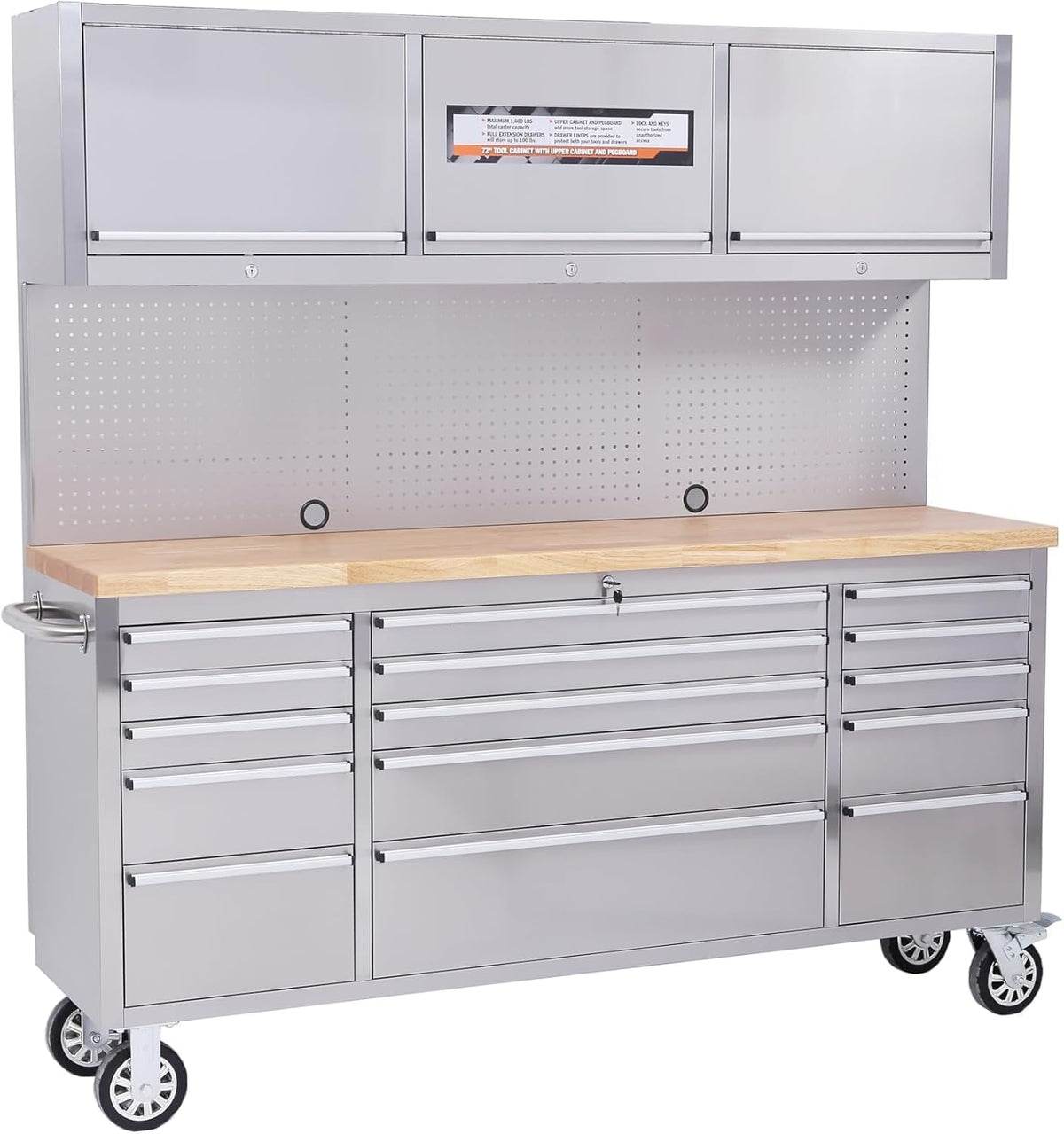 72 Inch Rolling Tool Cabinet, Heavy-Duty Garage Workbench with 15 Drawers & 3 Cabinets, Steel Frame Workshop Table for Mechanics, Garage Organization, Large Tool Bench Storage with Pegboard, Silver