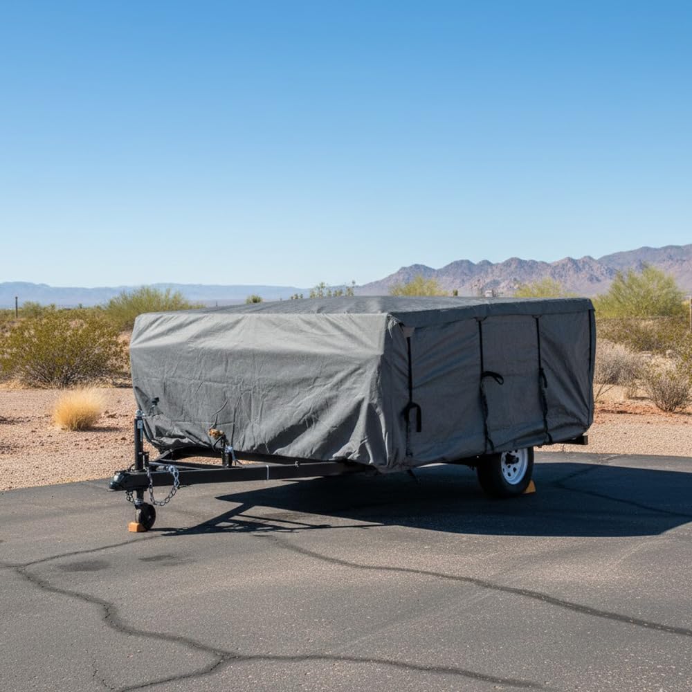 GEARFLAG Pop-up Folding Camper Cover Reinforced Windproof Side-Straps Fits 12'-14', Anti-UV Water-Resistance Heavy Duty Triple Layers for Trailer RV (Fits 12' - 14')