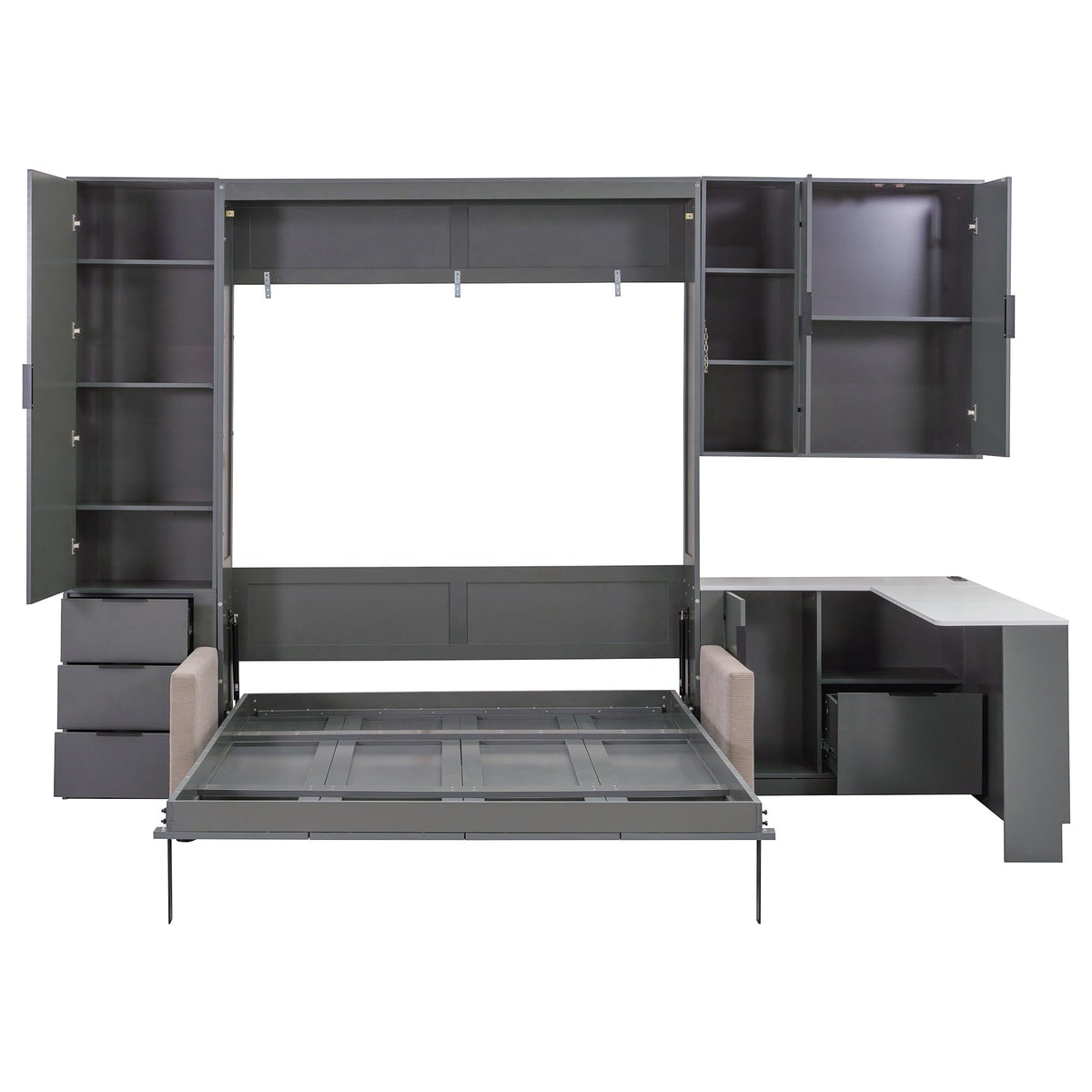 Merax Queen Size Wood Murphy Bed with Upholstered Sofa & Desk, Multifunctional Foldable Wall Platform Bed w/USB Charging Station for Guest-Room, Bedroom, Space Saving, Gray +Beige