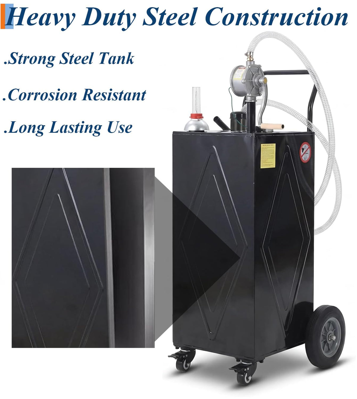 Garvee 30 Gallon Fuel Caddy with Manual Transfer Pump, Portable Gas Storage Tank on 4 Wheels, Gasoline & Diesel Fuel Storage Tank for Cars, Lawn Mowers, ATVs, Boats, More, Black