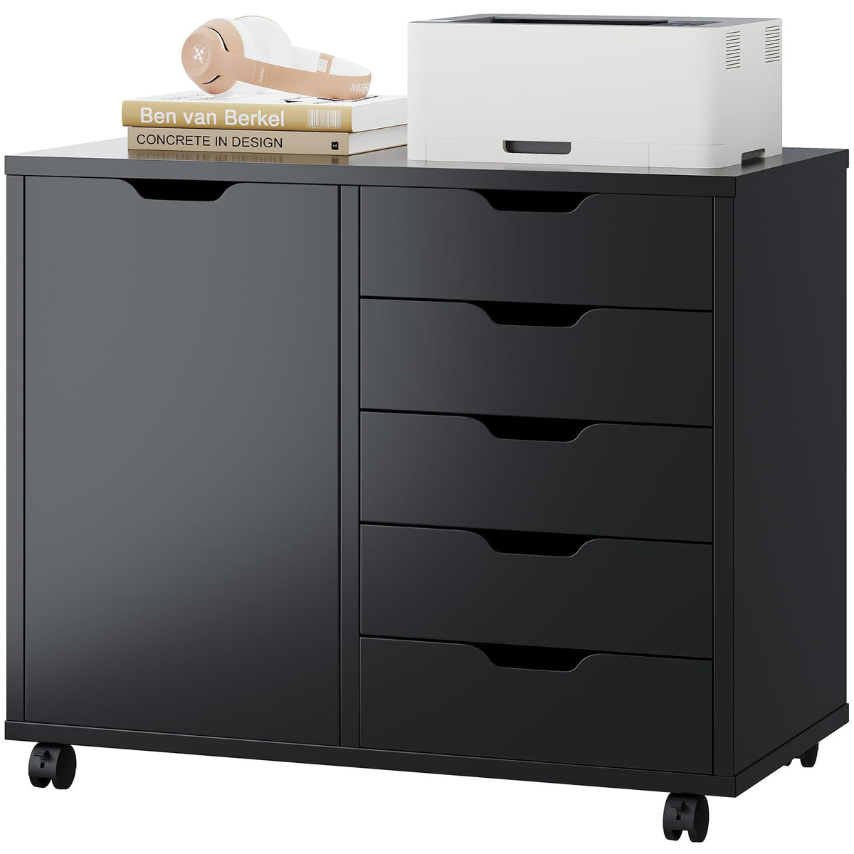 DUMOS 5 Drawer File Cabinet Office Drawers Organizer with Wheels Rolling, Under Desk Cabinets with Shelves and Door Printer Stand with Wood Board Metal Frame for Home Office Storage Craft Room, Black