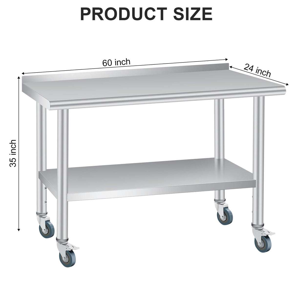 60 x 24 Inch Stainless Steel Prep Table, Heavy Duty Commercial Work Table with 4 Caster Wheels, Adjustable Undershelf & Rounded Corners, Metal Kitchen Workbench for Restaurant, Garage and Outdoor