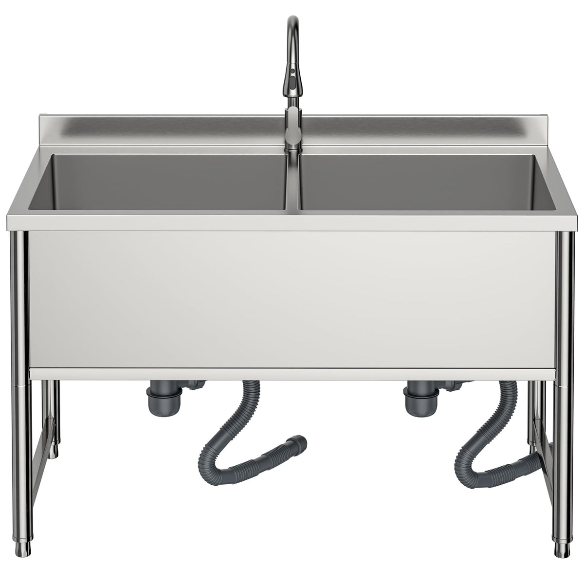 47" Stainless Steel Commercial Sink 2 Bowl Freestanding Kitchen Sink with Pull-out Faucet, Large Utility Sink for Kitchen, Dishwashing, Thawing, Laundry Room, Garage, Outdoor, Total Capacity 50 Gallon