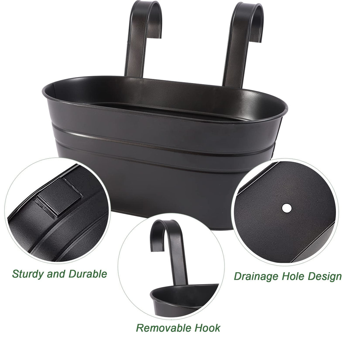 HowRU Metal Iron Flower Pots for Railing Fence Hanging Bucket Pots(5 Pcs) and Hanging Flower Pots Metal Iron Bucket Planter(10 Pcs) (Black)