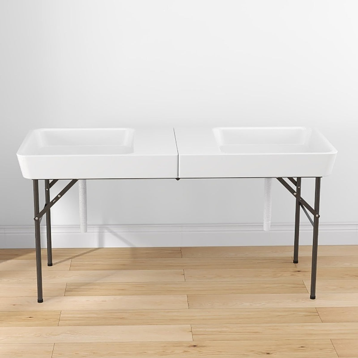 Giantex 5 FT Folding Ice Table with Double Sinks and Drains, Portable Ice Cooler Table with Removable Skirt, No Assembly, Foldable in Half, Fill and Chill Stand for Party Camping BBQ Wedding, White