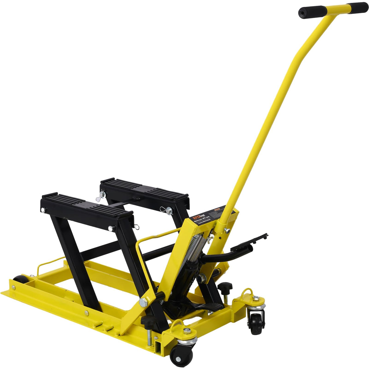 Hydraulic Motorcycle Lift Jack, 1500 LBS Capacity ATV Scissor Lift Jack, Hydraulic Foot-Operated Motorcycle Lift Table with 4 Wheels, 4.5"-15" Lifting Range Steel ATV Lifts Stand Hoist Yellow