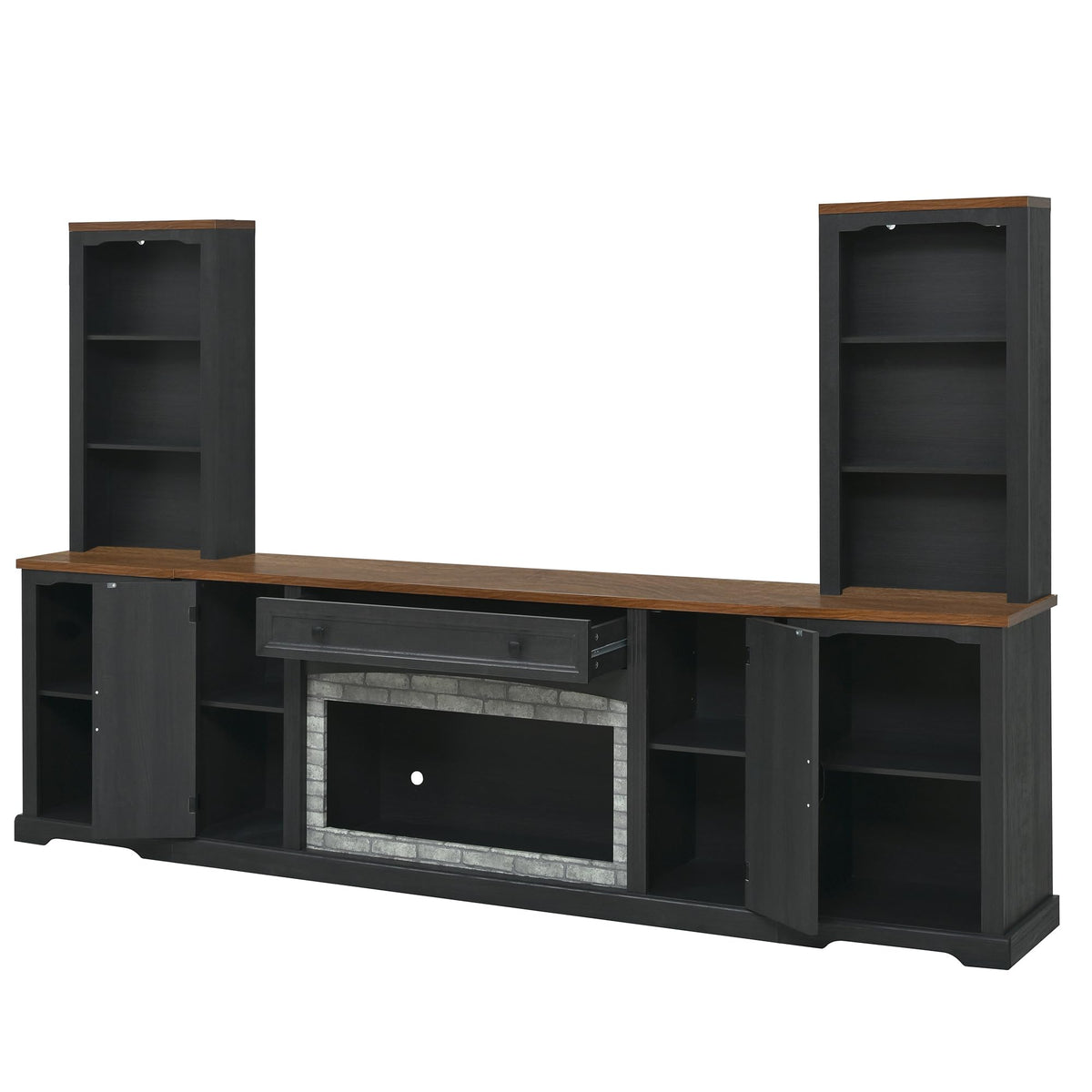 Merax 3-Piece TV Stand Set for TVs up to 70", Farmhouse Entertainment Center with Curved Side Cabinets & Bookshelves, Modular Storage Unit with Drawer and Adjustable Shelves for Living Room, Black