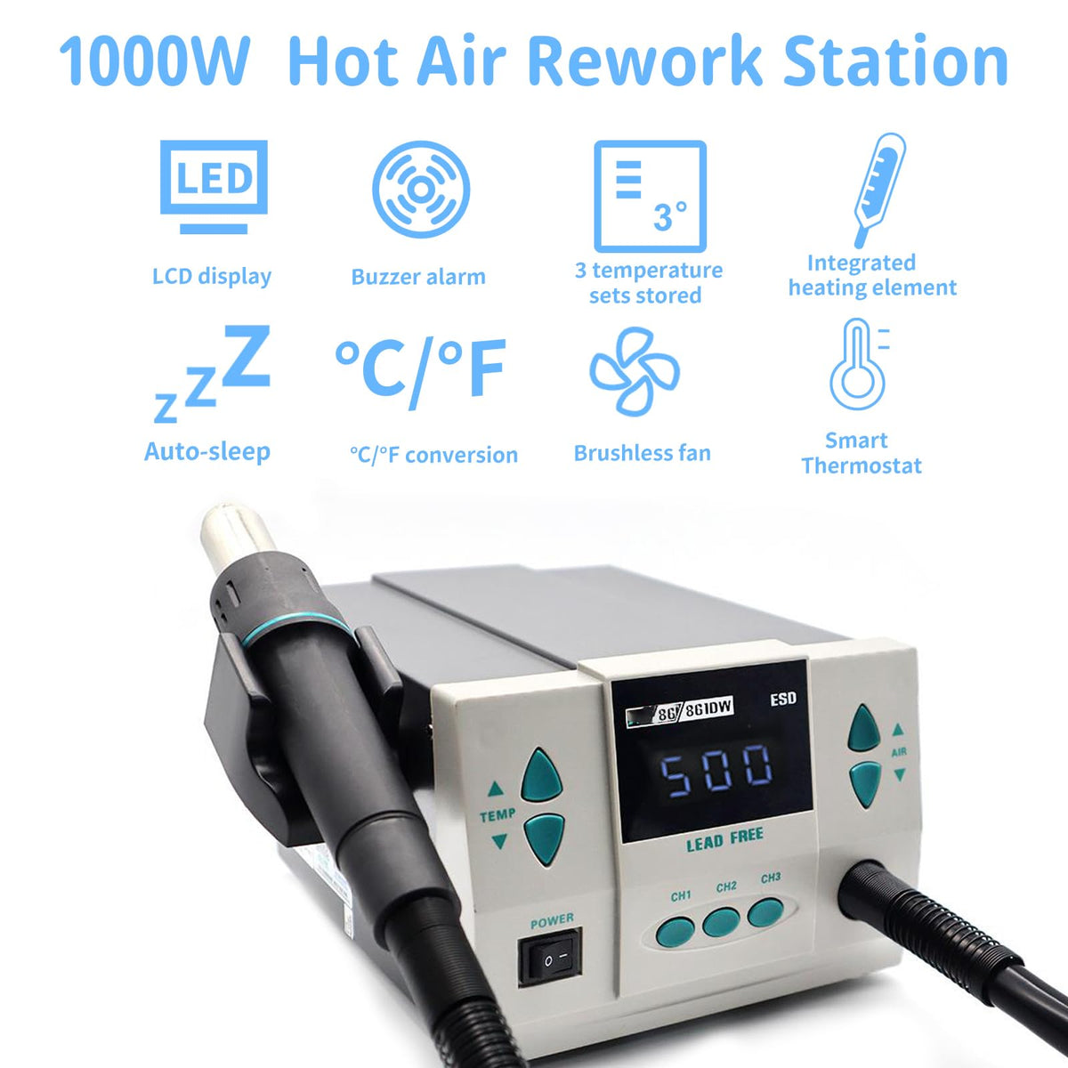 Hot Air Station, 861DW Hot Air Rework Station 110V 1000Watt Digital Display Automatic Sleep Adjustable Temperature Hot Air Soldering Station for Miro Soldering Rework with 7PCS Free Nozzles