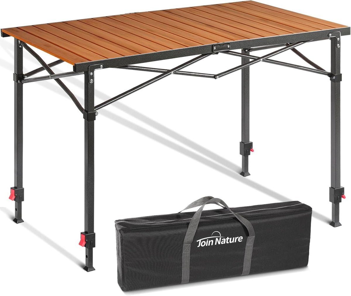 Join Nature Portable Outdoor Adjustable Height Camping Table, Large for 2-6 Person, Foldable Roll-up Aluminum Camp Table with Carry Bag for Picnic, Camp, Sturdy, Stable, Loads 220 Lbs