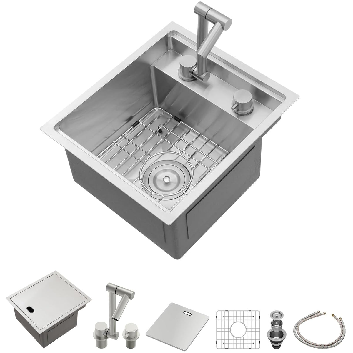 Lordear 15x17 Indoor Outdoor Kitchen Sink with Foldable Faucet Samll Bar Prep 16 Gauge T304 Stainless Steel Single Bowl Basin for Island Camper Wet Bar Prep Mobile Home