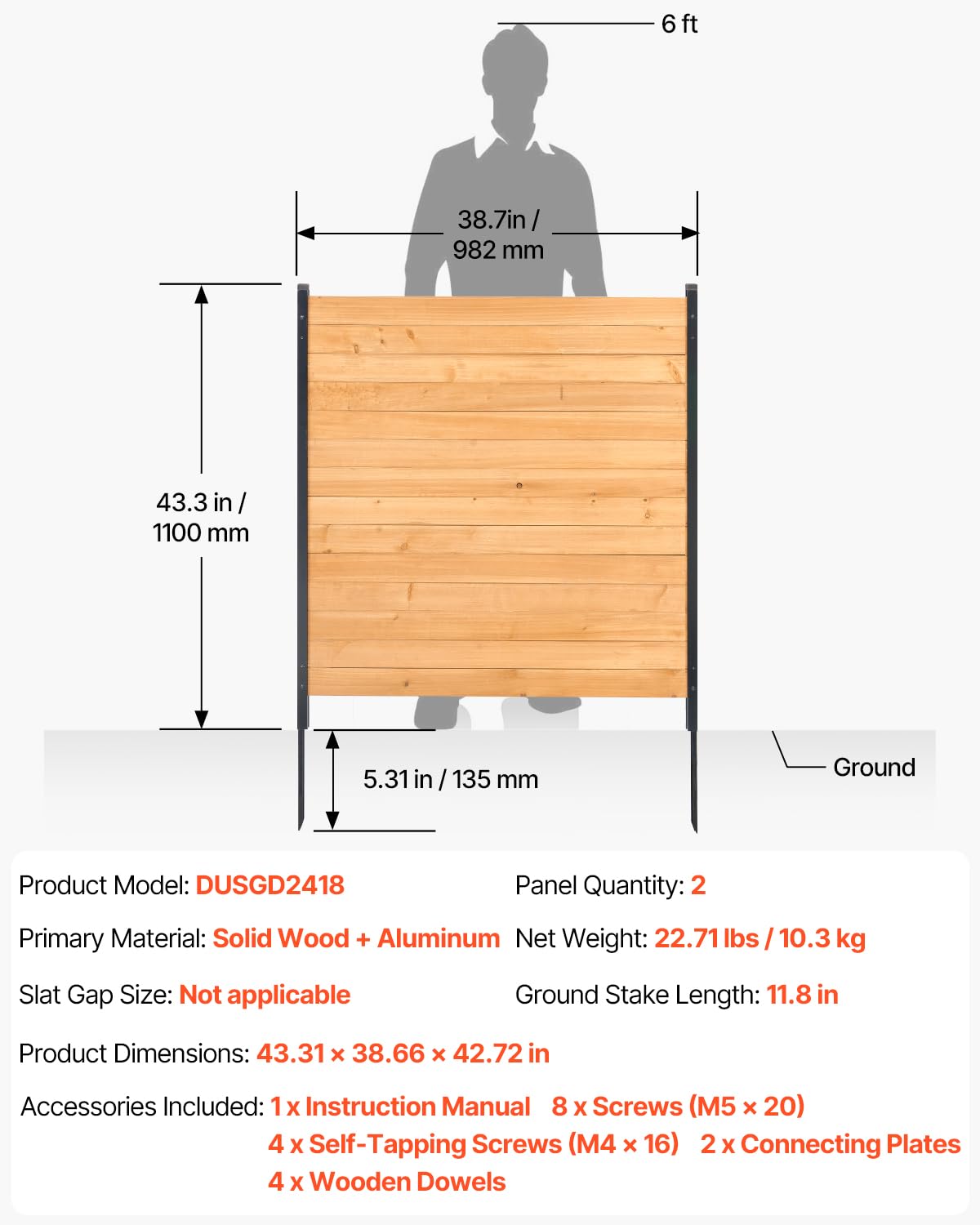 VEVOR Wood Privacy Fence, 38" W x 42" L, 2 Panel Solid Air Conditioner Fence Screen, Pool Equipment Enclosure with Metal Stakes, Easy DIY Installation, Outdoor Trash Can Hider for Garden Decoration