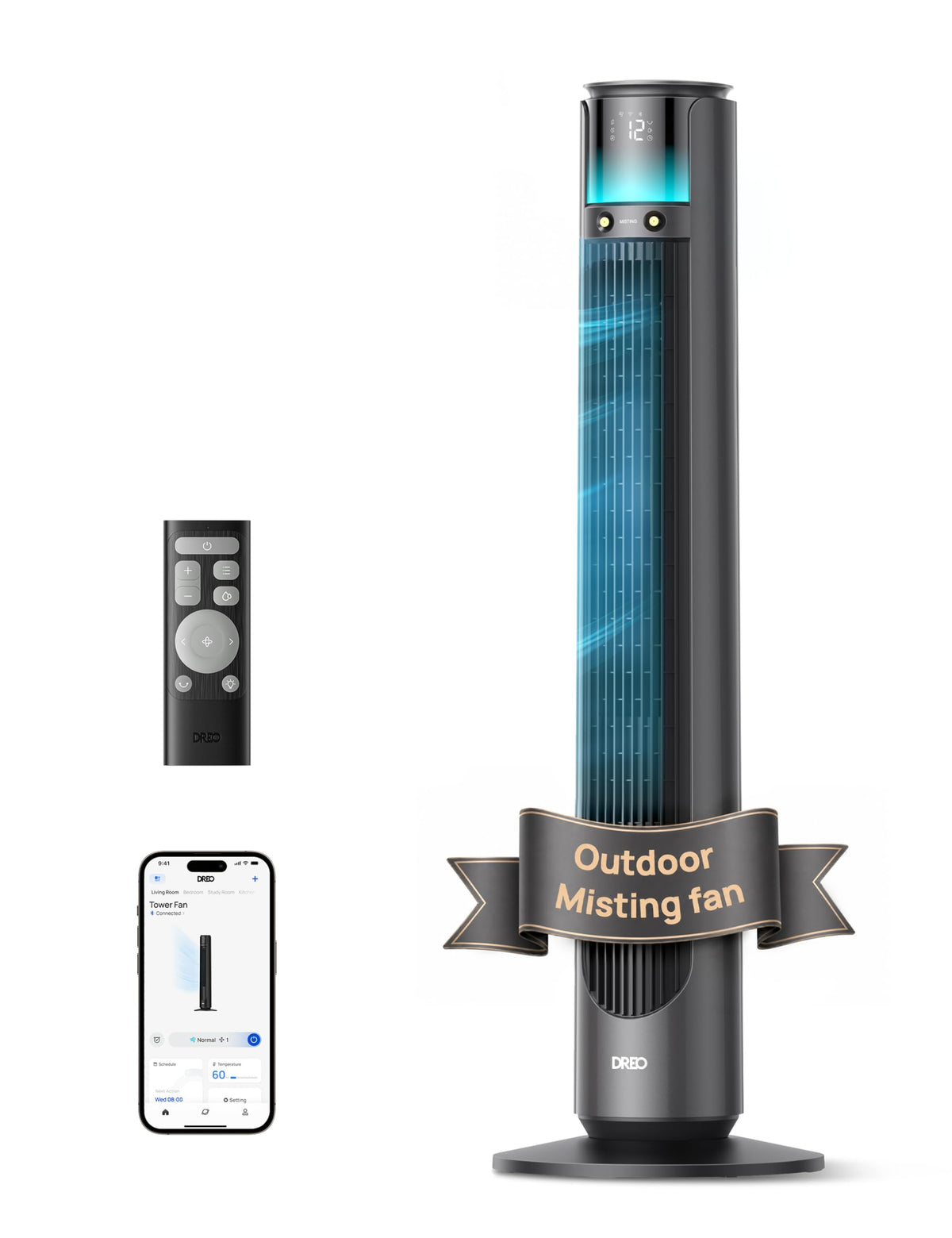 DREO TurboCool Outdoor Misting Fan 711AS, 33 ft/s High Velocity, 12 Speeds, 4 Modes Smart Standing Floor Fan, 150° Customizable Oscillating, 20 dB Quiet DC Motor for Bedroom, Weather Resistant