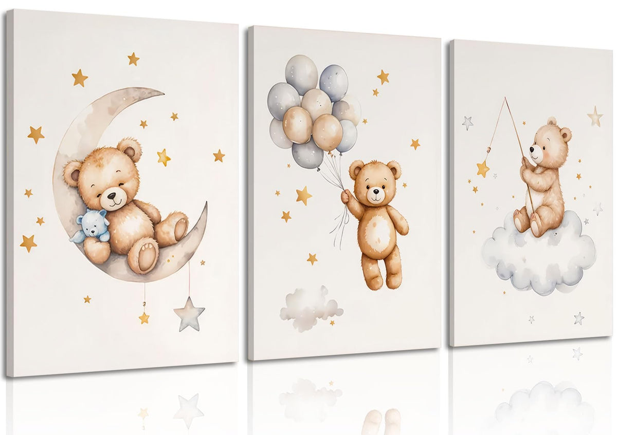 3 Pcs Framed Teddy Bear Nursery Canvas Wall Art Bear Sleeping on The Moon and Stars Wall Decor Pictures Balloon Cloud Neutral Poster Prints for Kids Baby Room Kindergarten Home Decoration 12x16in