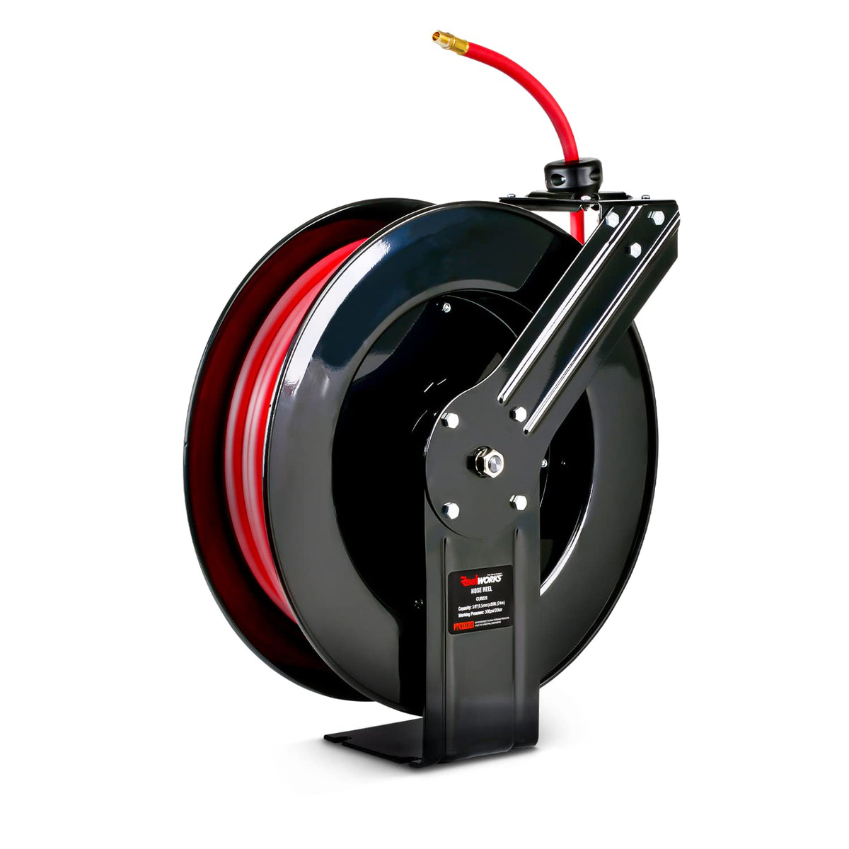 ReelWorks Air Hose Reel Retractable 3/8" Inch x 80' Foot Max 300PSI Longest Ever Hybrid Polymer Hose Industrial Steel Construction