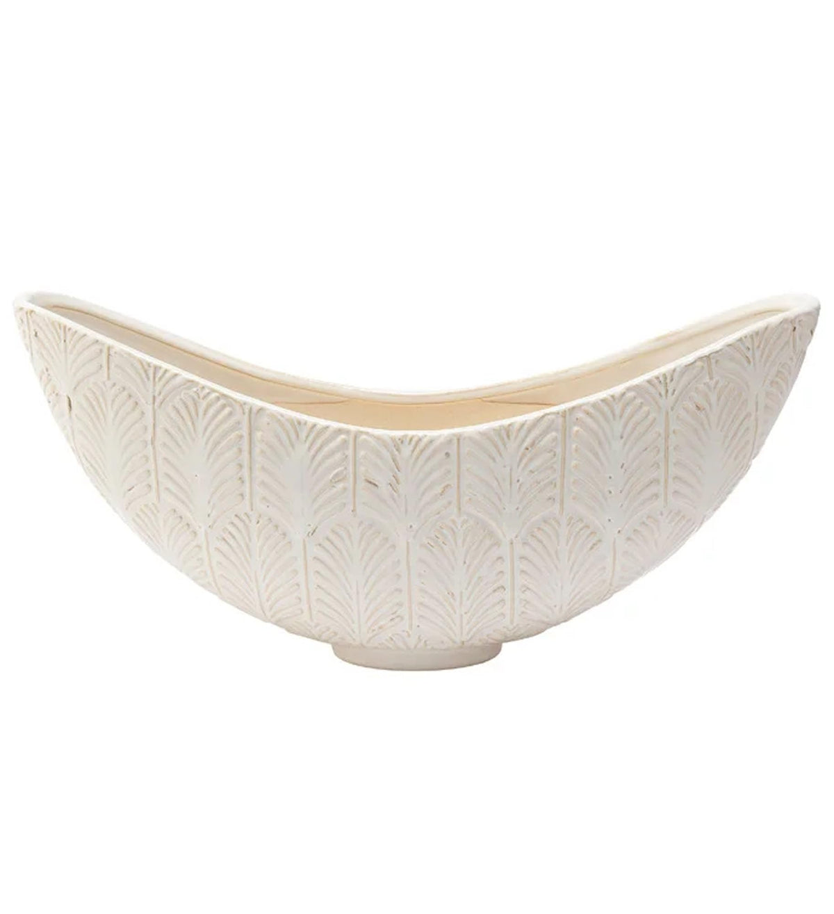 Napco Embossed Floral Leaf Wide Boat 15 x 7.5 x 5 inches Distressed White Ceramic Flower Succulent Plant Pot Planter Container Holder, Indoor Outdoor Garden Décor