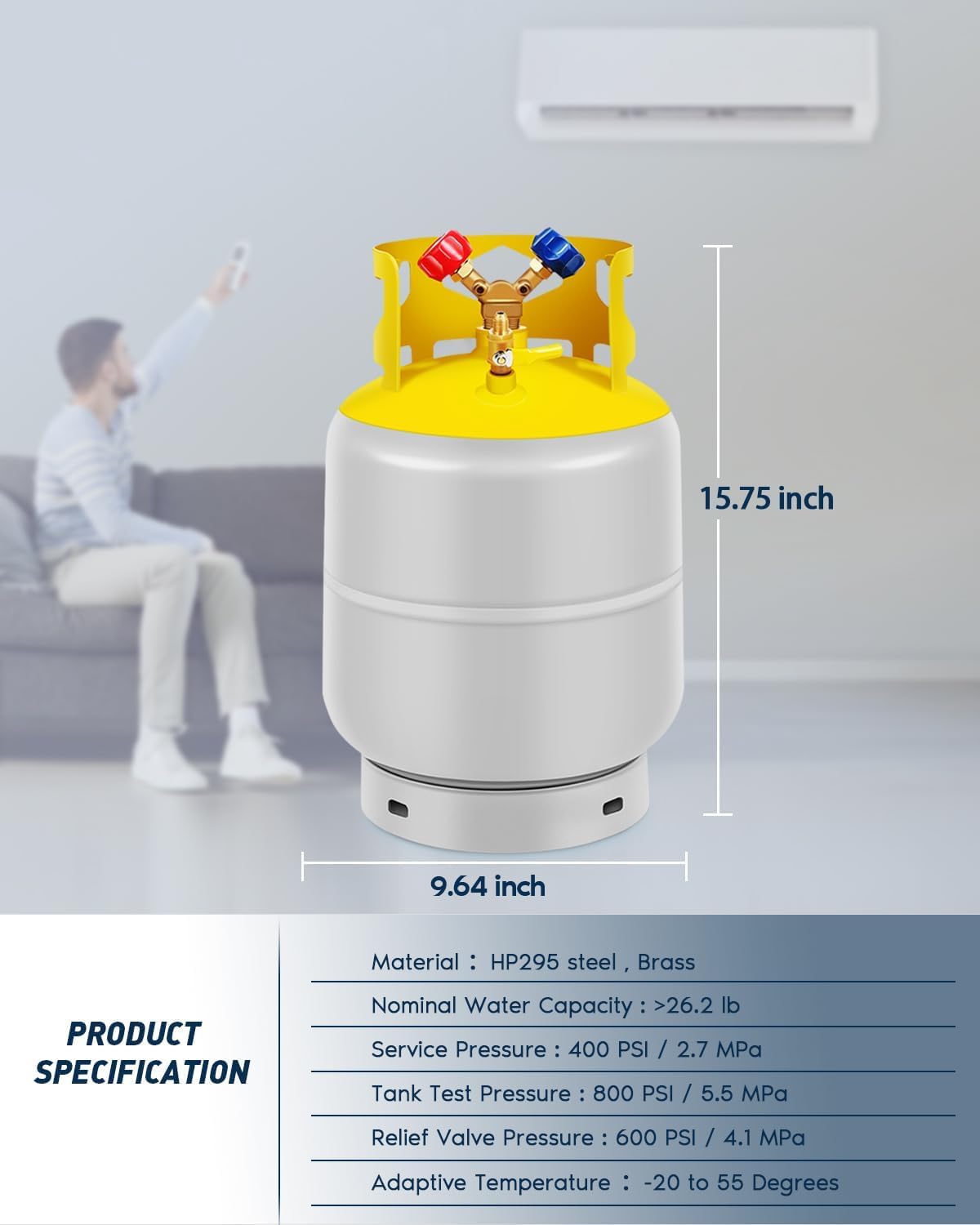 FAHKNS Refrigerant Recovery Tank 30 LB with 1/4 SAE Y-Valve Liquid/Vapor Reclaim Tank AC Freon Recovery Tank Refrigerant Recovery Cylinder Tank Reusable Cylinder Tank Without Float Switch Gray Yellow