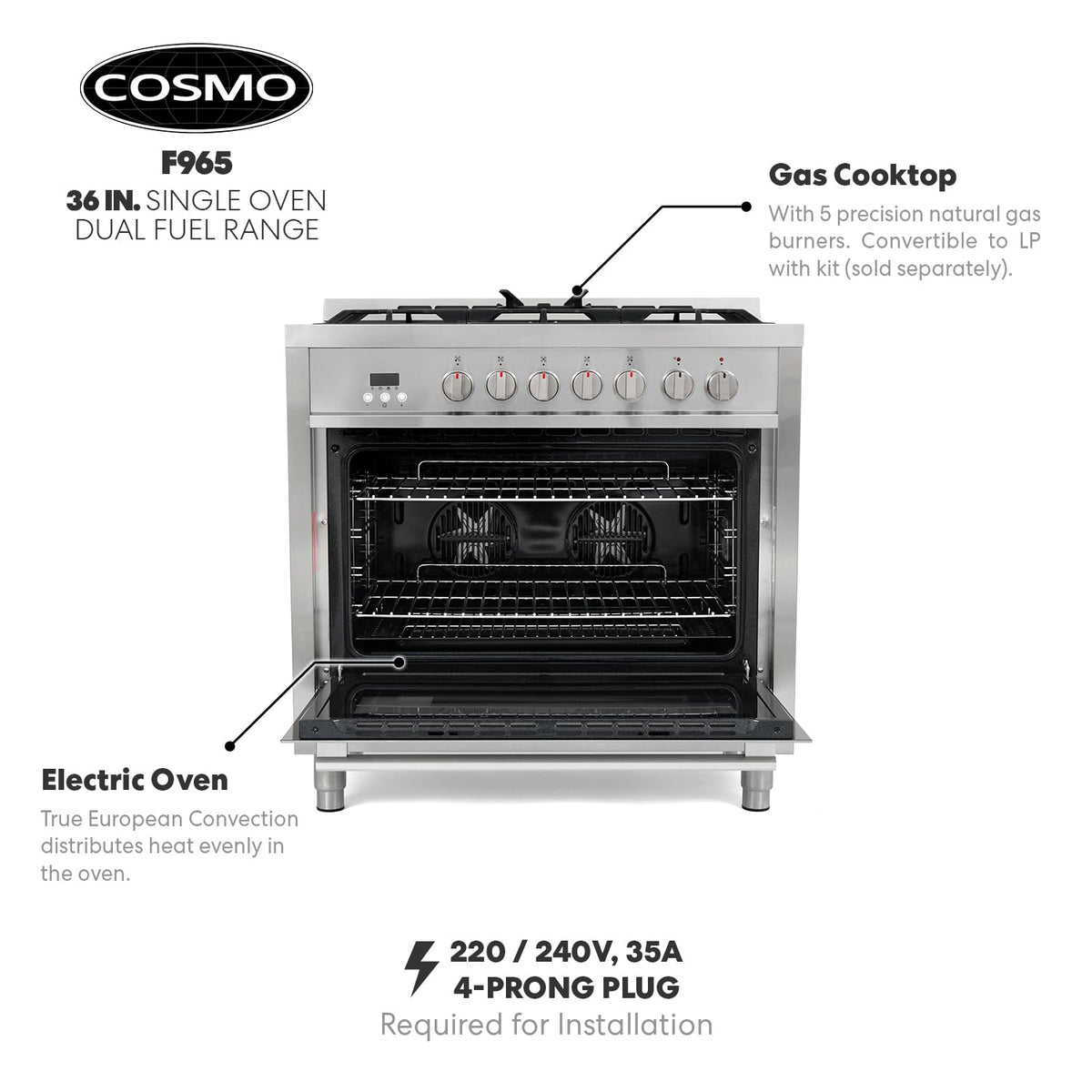 COSMO F965 36 in. Stellar Collection 4.4 cu. ft. Dual Fuel Range, 5 Sealed Burners, 8 Function Convection Oven in Stainless Steel