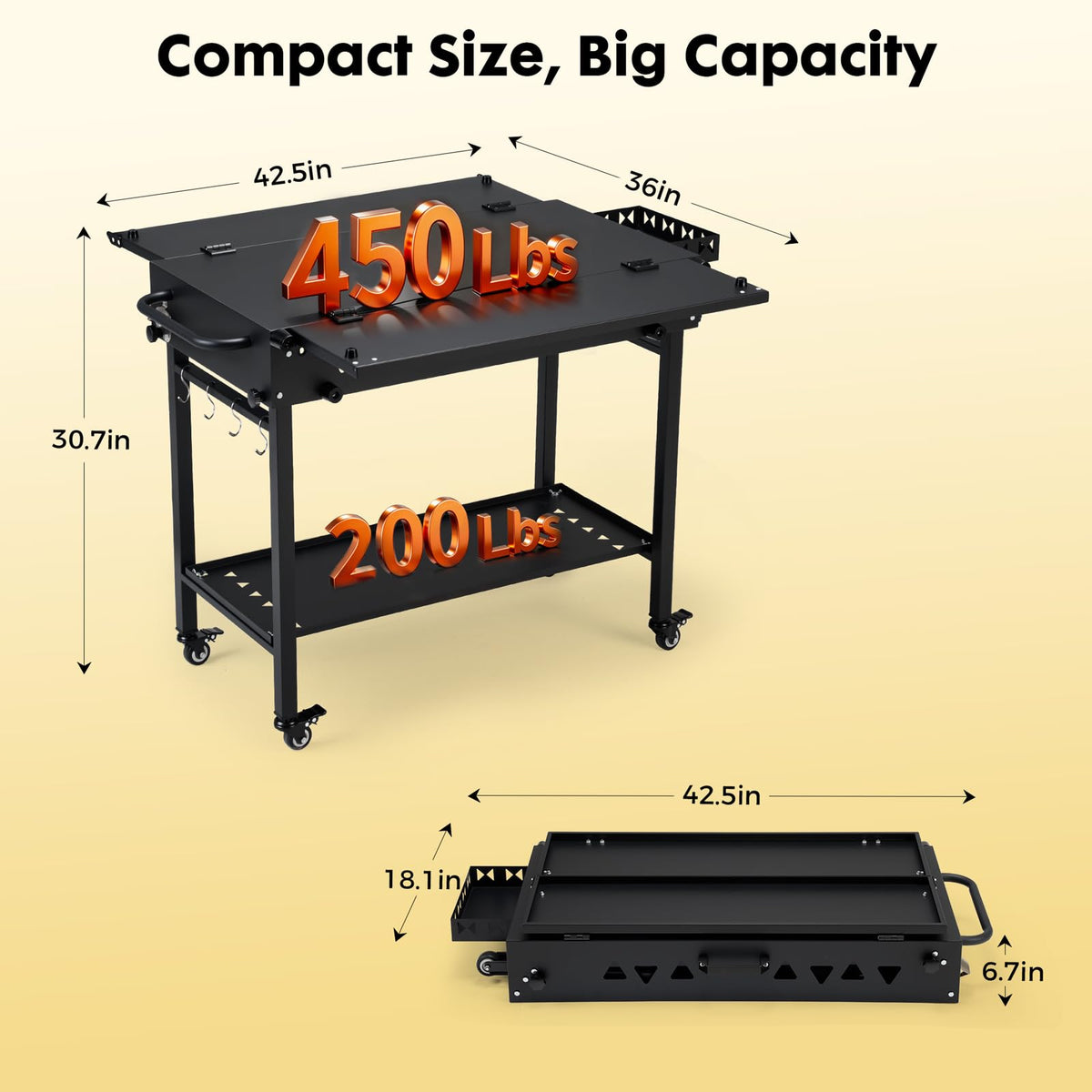 GVGBUK Portable Outdoor Grill Table with Wheels, Heavy-Duty Steel Prep Table, Folding Griddle Stand with Shelves, Bottle Opener, No Assembly Required, for BBQ, Pizza Oven, Patio