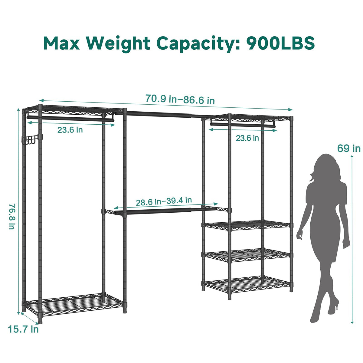 Exglobol Heavy Duty Garment Rack, Portable Expandable Freestanding 4 Tiers Adjustable Wire Shelves Clothes Rack with 2 Retractable Poles, 70.9-86.6" L x 15.7" W x 76.8" H, Max Load 900LBS, Black