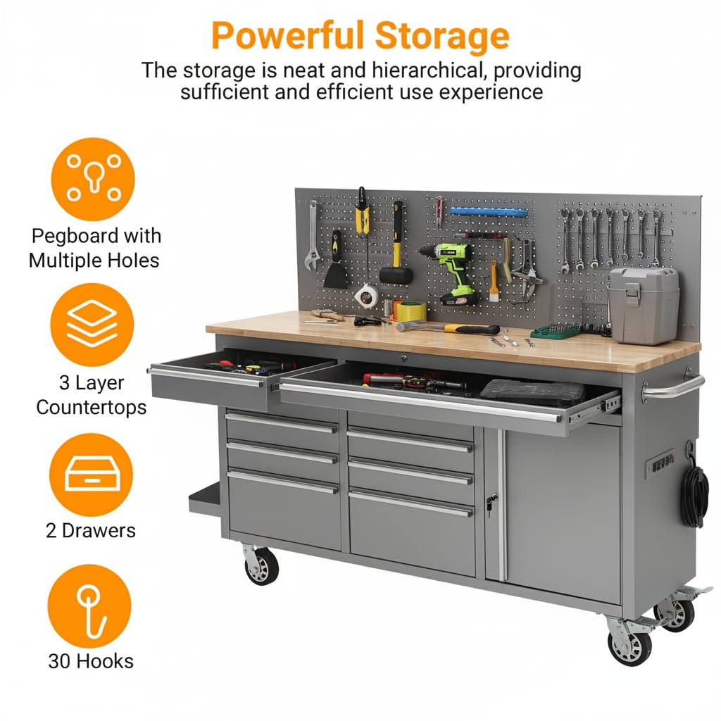 Garvee 61-inch Rolling Tool Chest, 10 Drawers Garage Workbench Storage Tool Cabinet with Power Strip, Solid Rubber Wood Top, 1675 LBS Load Mobile Workstation, Heavy Duty Rolling Cabinet