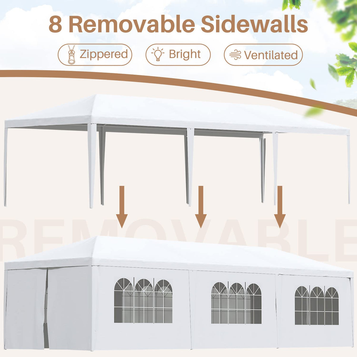 Greesum 10x30 Outdoor Canopy with 6 Side Removable Walls, Patio Camping Heavy Duty Gazebo Shelter for Party Wedding BBQ Events, Waterproof Tent, Snow-White
