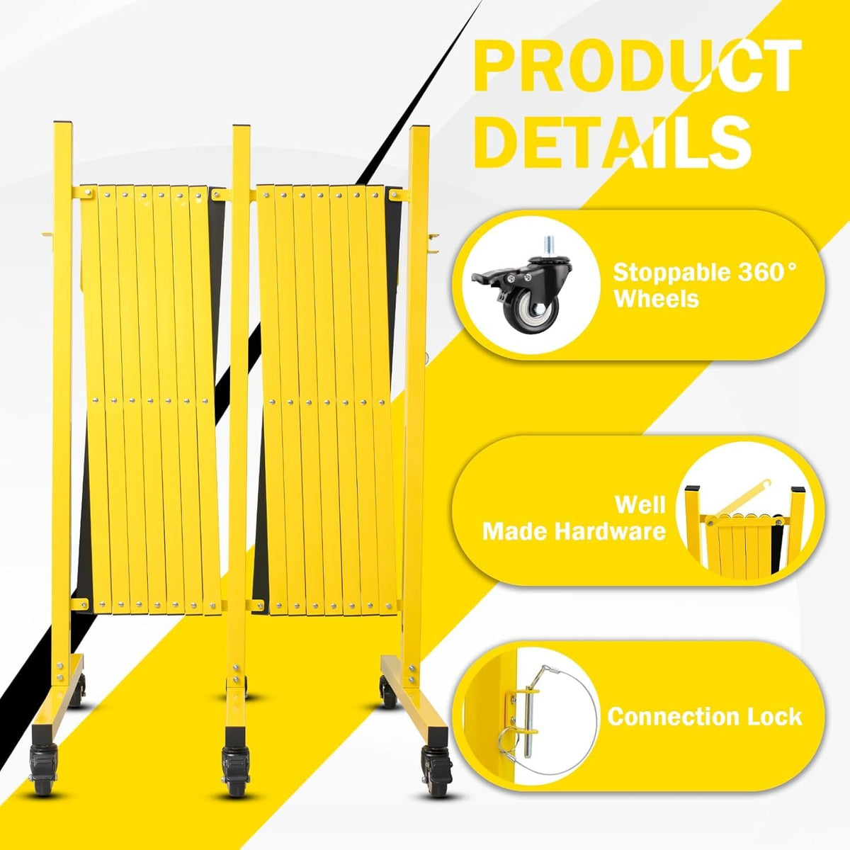 23FT Traffic Barricade with Casters, Metal Expandable Barricade, Folding Security Gate, Retractable Fence Outdoor Barricade Fence for Construction Area, Traffic Control
