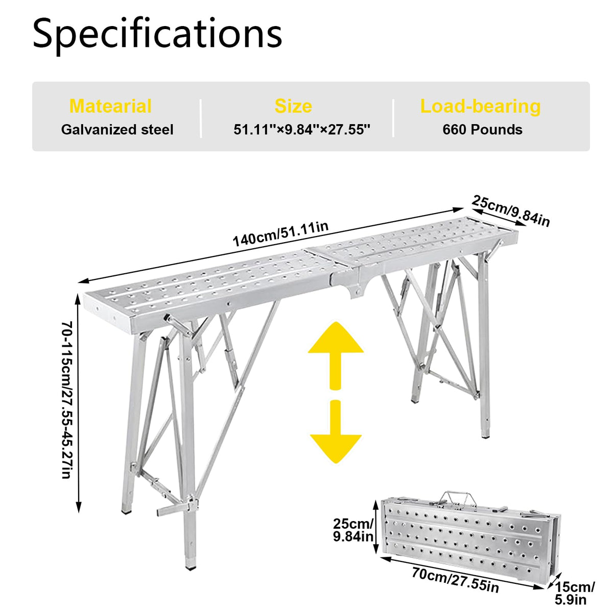 HIYOUGO Scaffolding Platform Adjustable Height, Folding Work Platform, Aluminum Portable Scaffolding Ladder, Non-Slip Portable Work Bench 660lbs Capacity for Drywall, Cleaning RV, 140 × 25cm