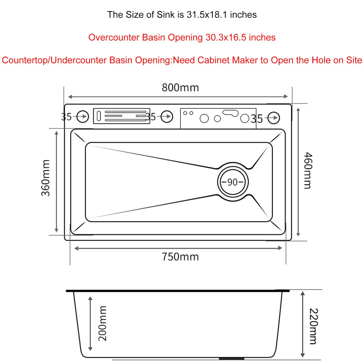 SDGRP Kitchen Sink 304 Stainless Steel Undermount Sink Drop in Single Bowl Kitchen Sinks, With Pull Down Sprayhead Faucet, With Pressurized Cup Washer and Two Waterfalls (31.5 x 18.1 inch)