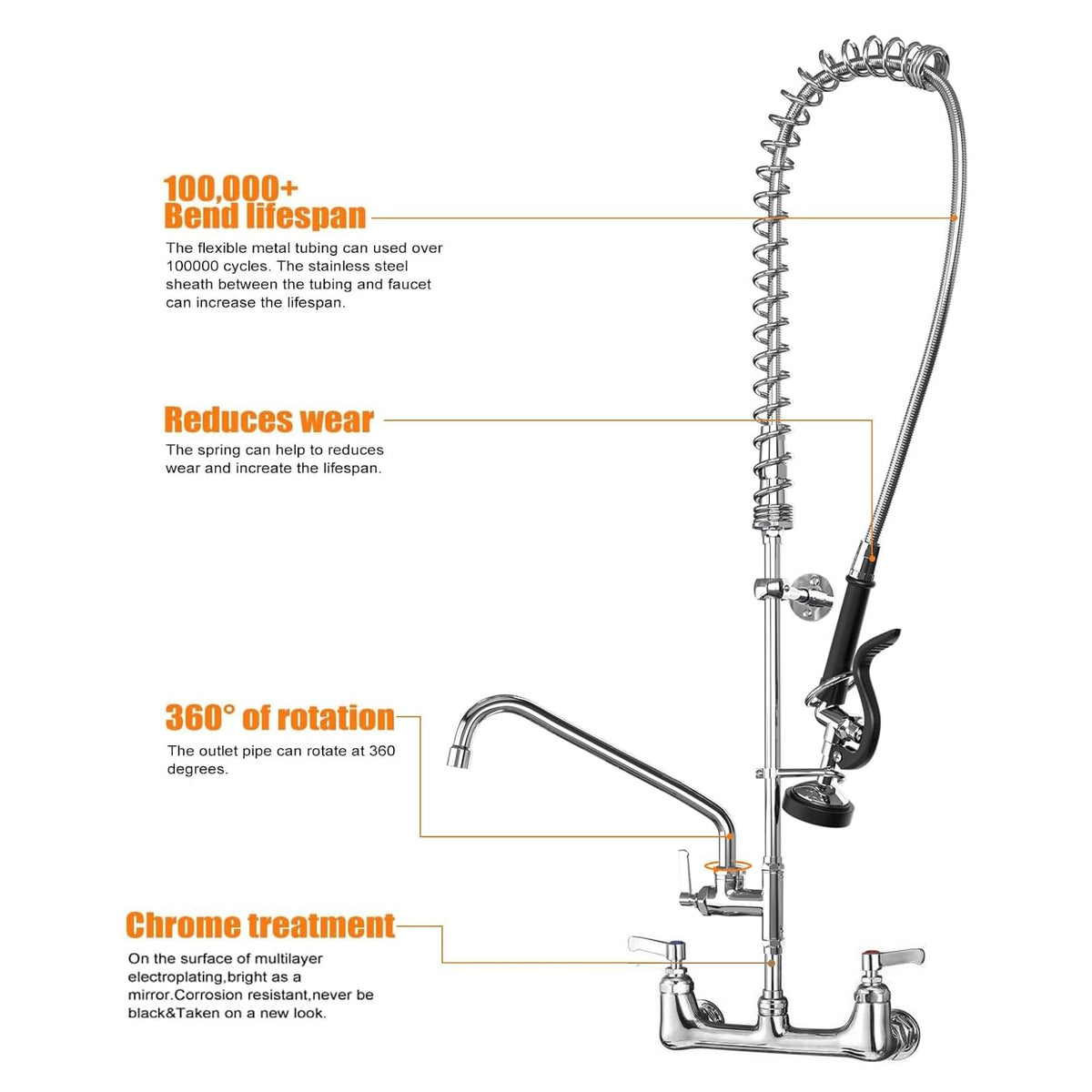 Commercial Sink Faucet with Sprayer for Kitchen: MSTJRY 47" Height Wall Mount Commercial Faucet with Sprayer Fit for 3 Compartment Sink - Polished Chrome 8" Center 12" Swing Spout Pre Rinse Assembly