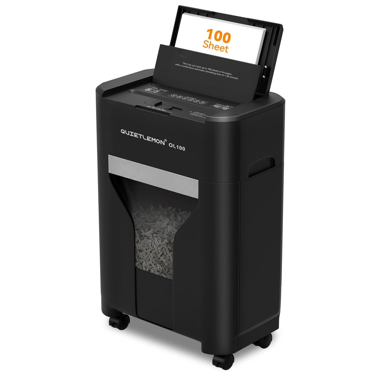 QUIETLEMON 100-Sheet Auto Feed Paper Shredder, 40 Min Non-Stop, Shredders for Home Office Heavy Duty, P-4 Ultra Security Shredder for Home Office, Cross-Cut with Wheels, 4.5 Gal Bin, <63 dB (OL100)