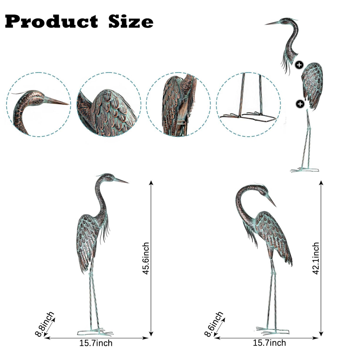 Kircust Garden Crane Statues, Standing Metal Patina Heron Decoy Outdoor Statue, 42-46 Inch Bird Yard Art for Patio Lawn Pond, Set of 2