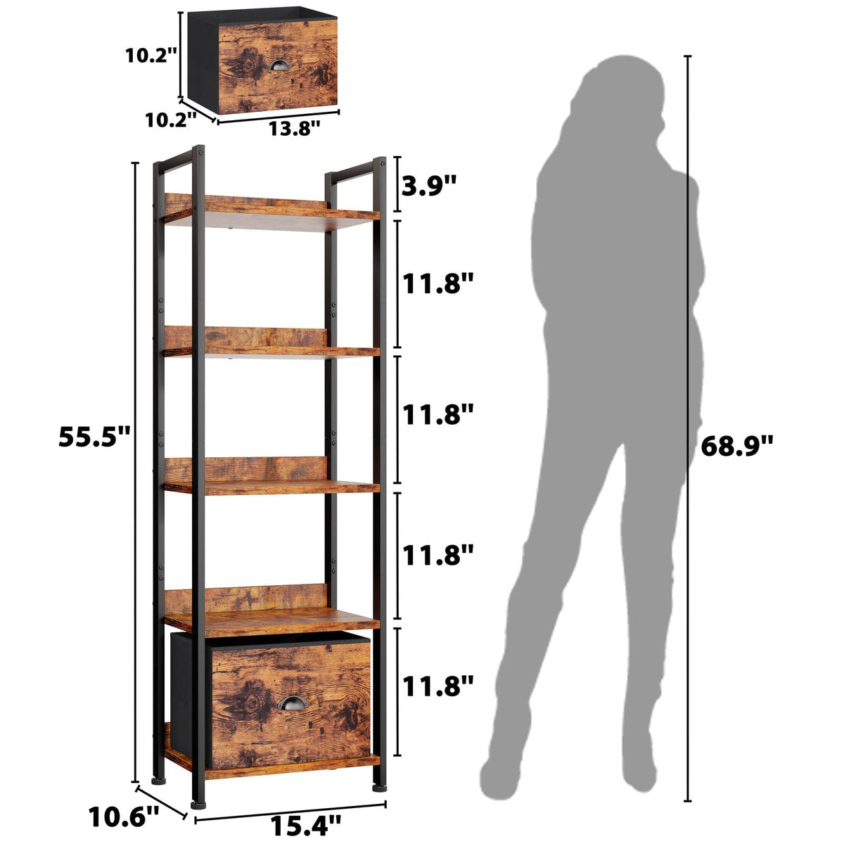 Furologee 5 Tier Bookshelf with Drawer & Console Table with Charging Station, 3 Drawers and LED Light