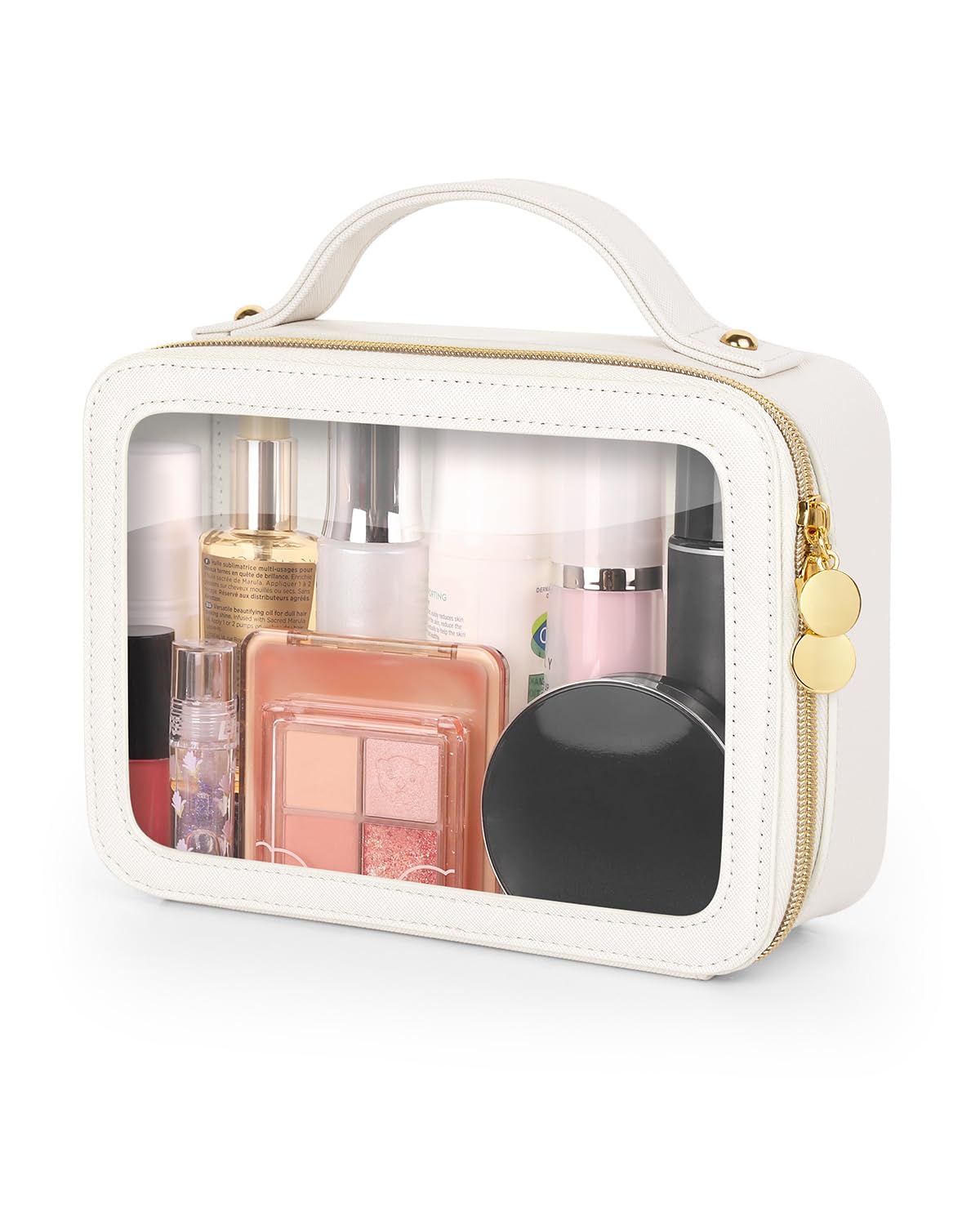 Soimeat Clear Makeup Bag, Portable Travel Cosmetic Bags, Multipurpose Leather Toiletry Bag with Zipper, Waterproof Transparent Cosmetic Organizer for Women, Medium, Beige