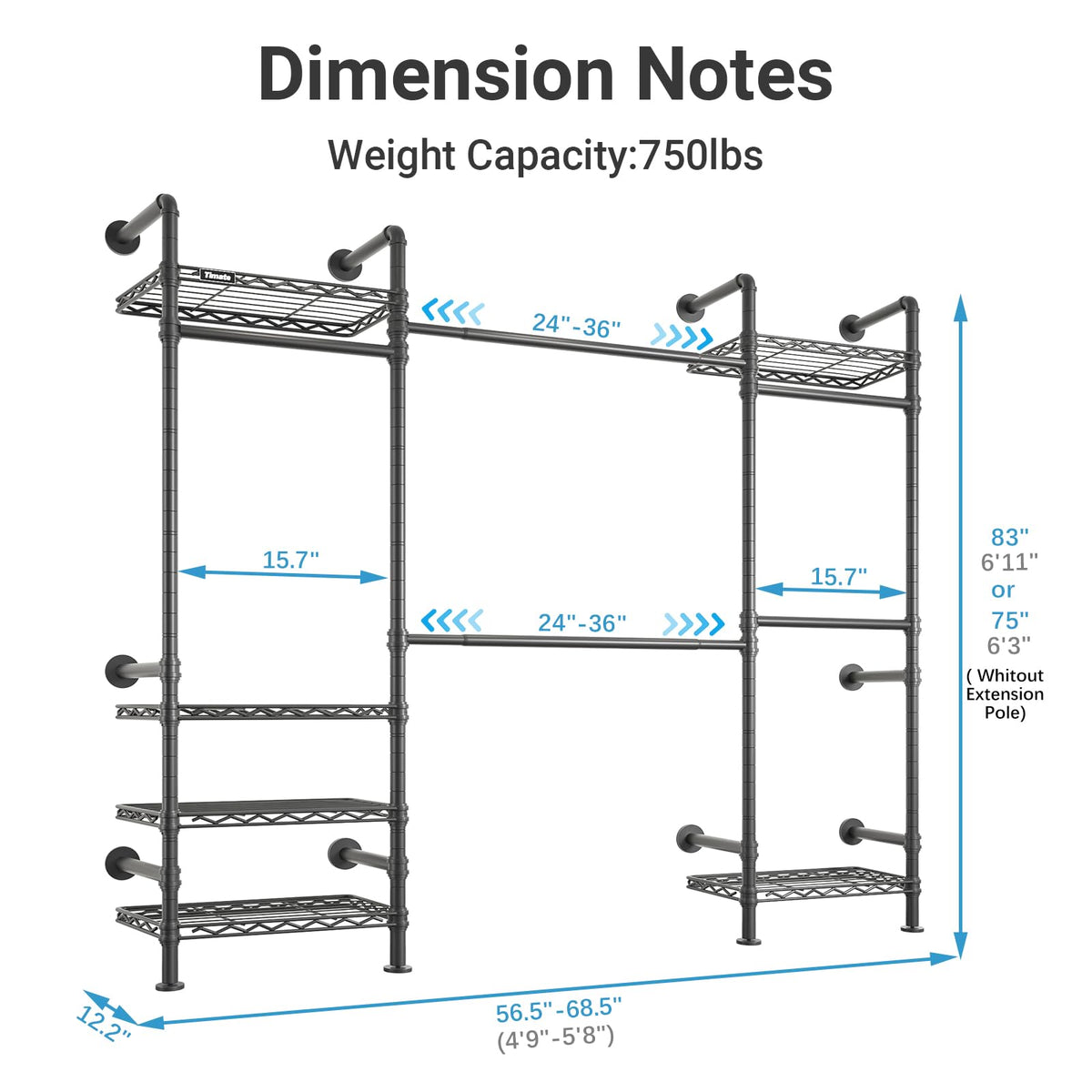 Timate F3 Medium Wall Mounted Clothes rack Expandable Closet, Industrial Pipe Clothing Rack for Hanging Clothes, Heavy Duty Clothes Rack with Shelves, Garment Rack Wall Closet System Black Pipe Closet