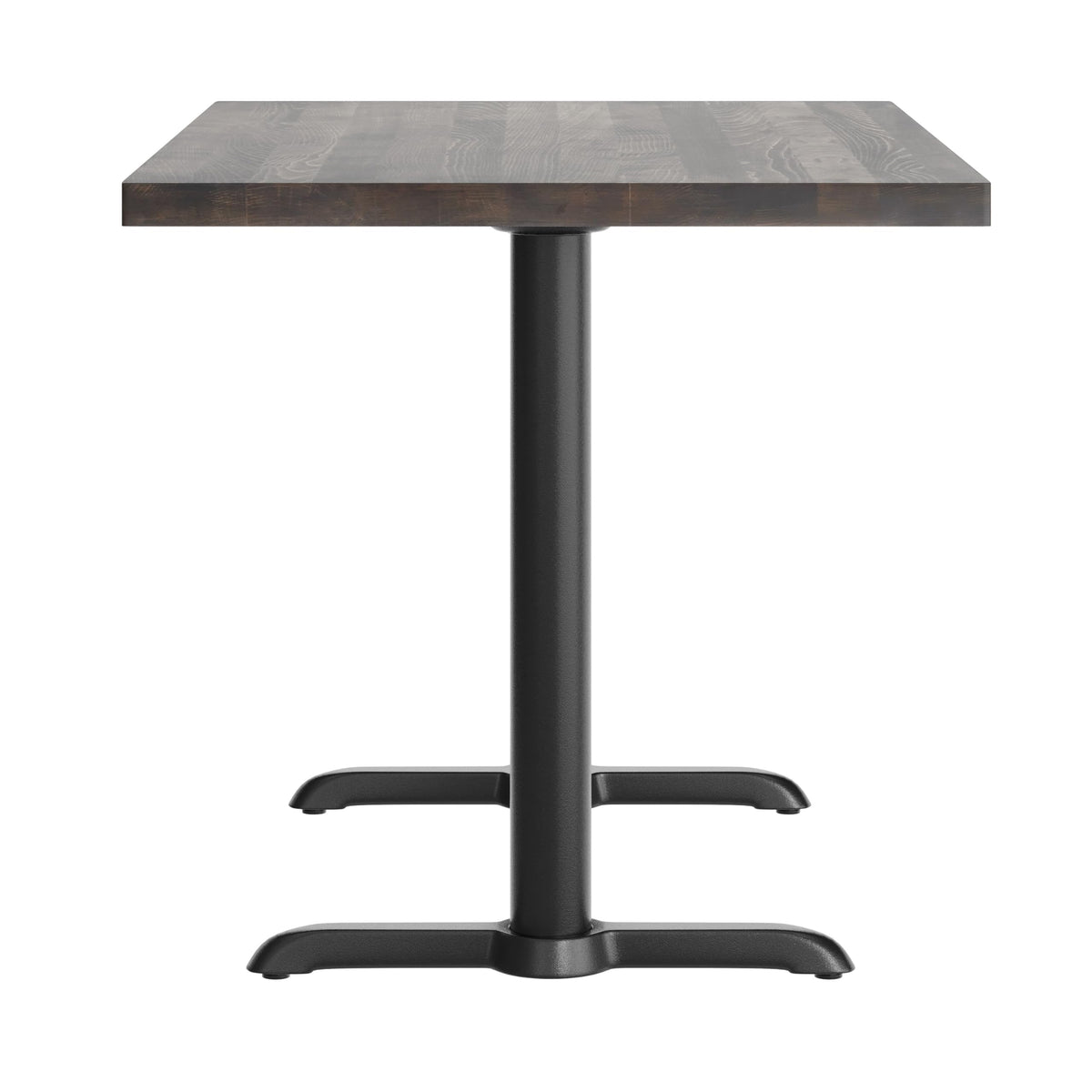 Flash Furniture Bennett 30" x 48" Solid Wood Commercial Indoor Tabletop in Dark Brown with Dual 5" x 22" Dining Height Black Cast Iron T Bases, 400 lb. Static Capacity
