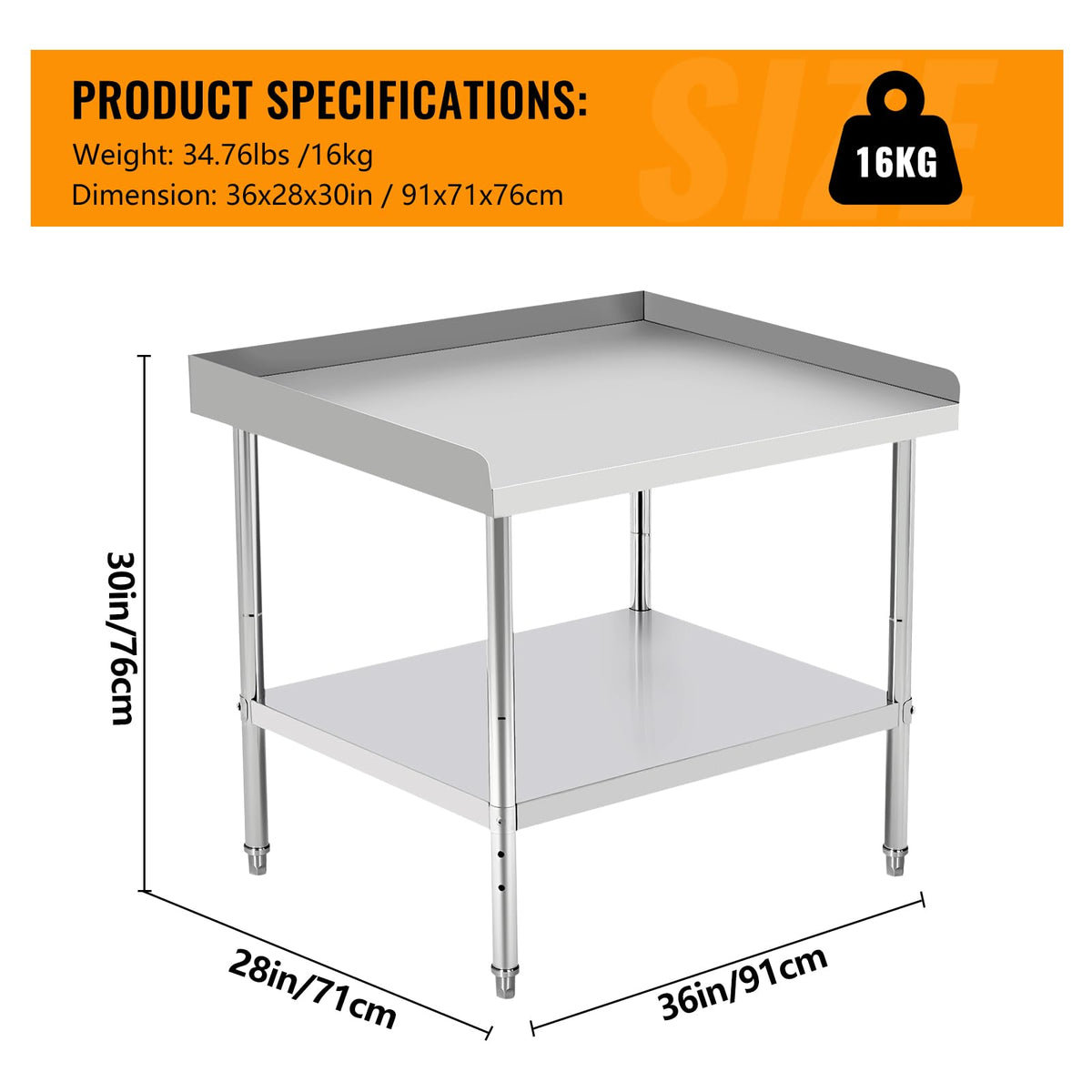 36"x28"x30" Stainless Steel Grill Stand Table, NSF Certified, 400 lbs Capacity, Adjustable Legs, 3-Sided 2" Edge Baffle for Kitchen, Restaurant, Hotel
