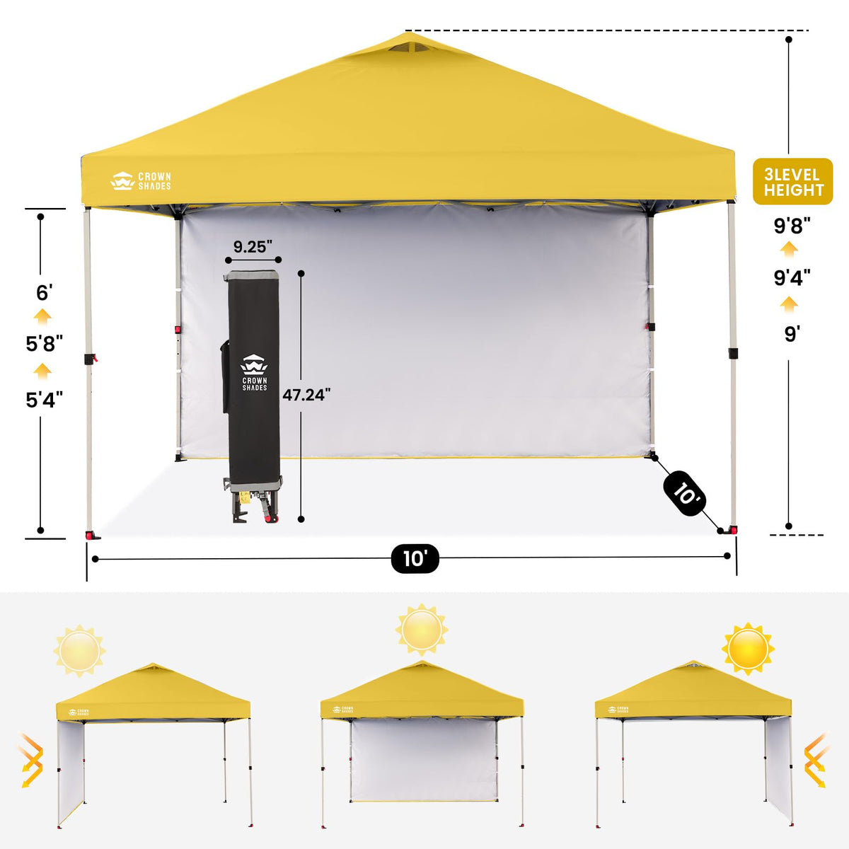 CROWN SHADES 10x10 Pop Up Canopy with 1 Side Wall - Beach Tent with One Push Setup - Outdoor Sun Shade for Events, Parties, Camping - Gazebo with STO-N-Go Cover Bag (Yellow)
