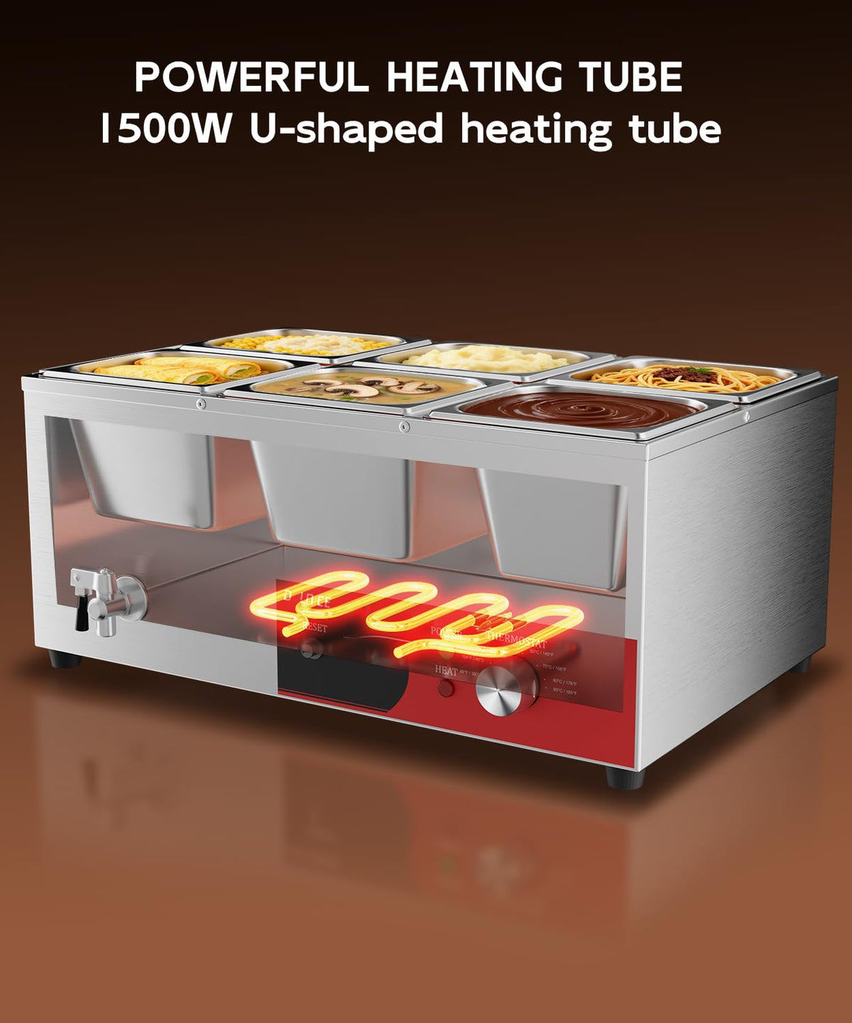 DULNICE 6-Pan Commercial Food Warmer, 1500W Stainless Steel Bain Marie with Anti-Dry Burn and Reset Button, Countertop Soup Warmer with Drain Tap, Soup Spoon for Buffet, Catering, Parties, Restaurants