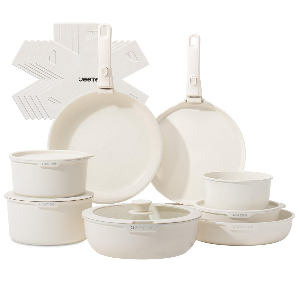 JEETEE Pots and Pan Set Non Stick 19 Pcs, Cookware Set Detachable Handle, RV Kitchen Cooking Set Removable Handles, Stackable Non-stick Set, Oven Safe, Beige