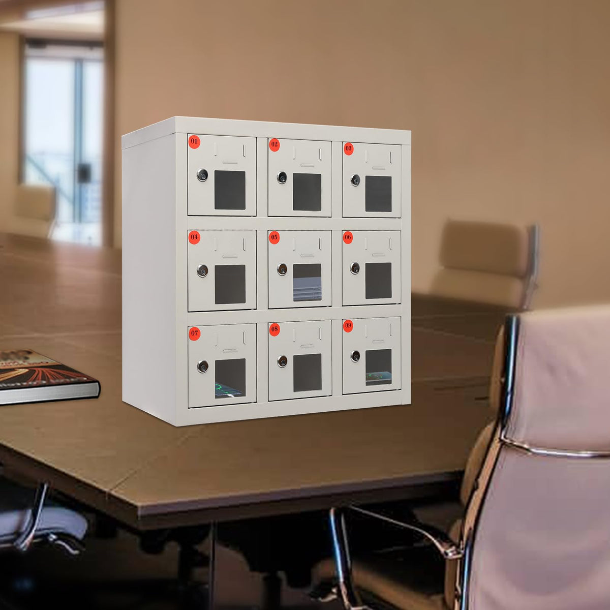 QUEWATSA 9 Slots Cell Mobile Phone Steel Locker with Lock, Cell Phone Locker with Charging Station, Cellphone Locker for Schools, Conference Rooms, and Offices