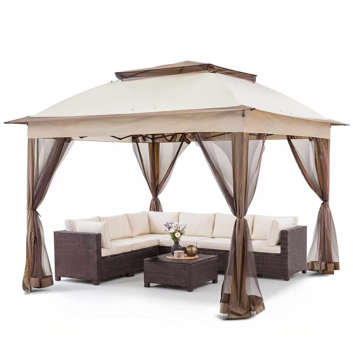 COOS BAY 11x11 Pop Up Gazebo with Mesh Netting, Instant Outdoor Canopy Tent, Water Resistant Shelter with UPF 50+ UV Protection, 121 Sq Ft Coverage, Beige