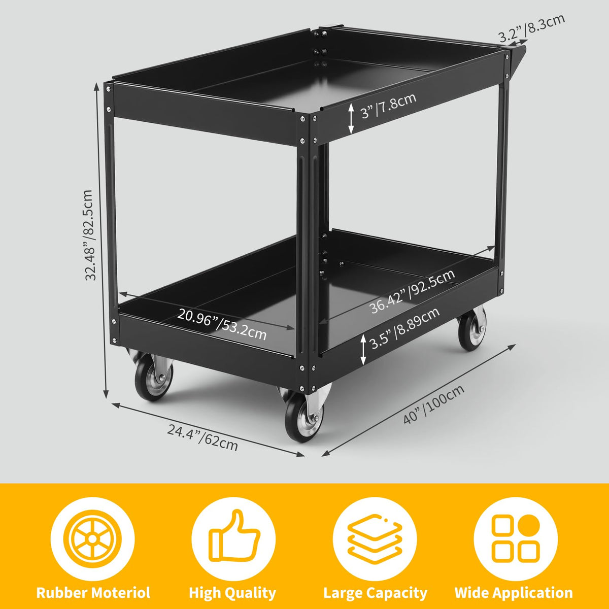 Utility Cart on Wheels, 500 lbs Capacity, 40" x 24.4" x 32.48"，Rolling Work Carts with Wheels, 2 Shelf Heavy Duty Steel Service Cart Suitable for Warehouse, Garage, School & Office, Cleaning, Black