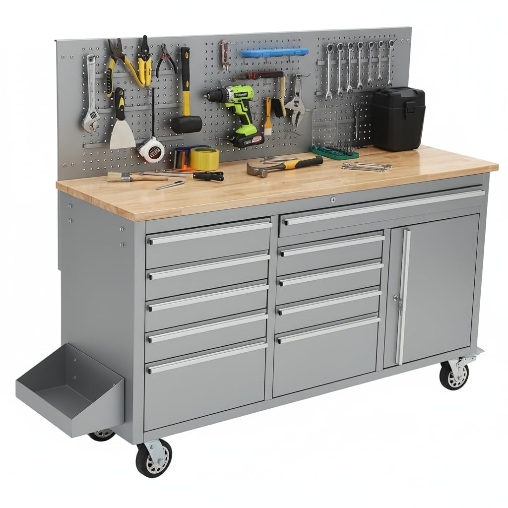 61 Inch Rolling Tool Chest, 10 Drawers Garage Workbench Storage Tool Cabinet with Rubber Wood Top, 1675 LBS, Power Strip, Locking System, Drawer Liners for Garage, Warehouse and Repair Shop, Silver