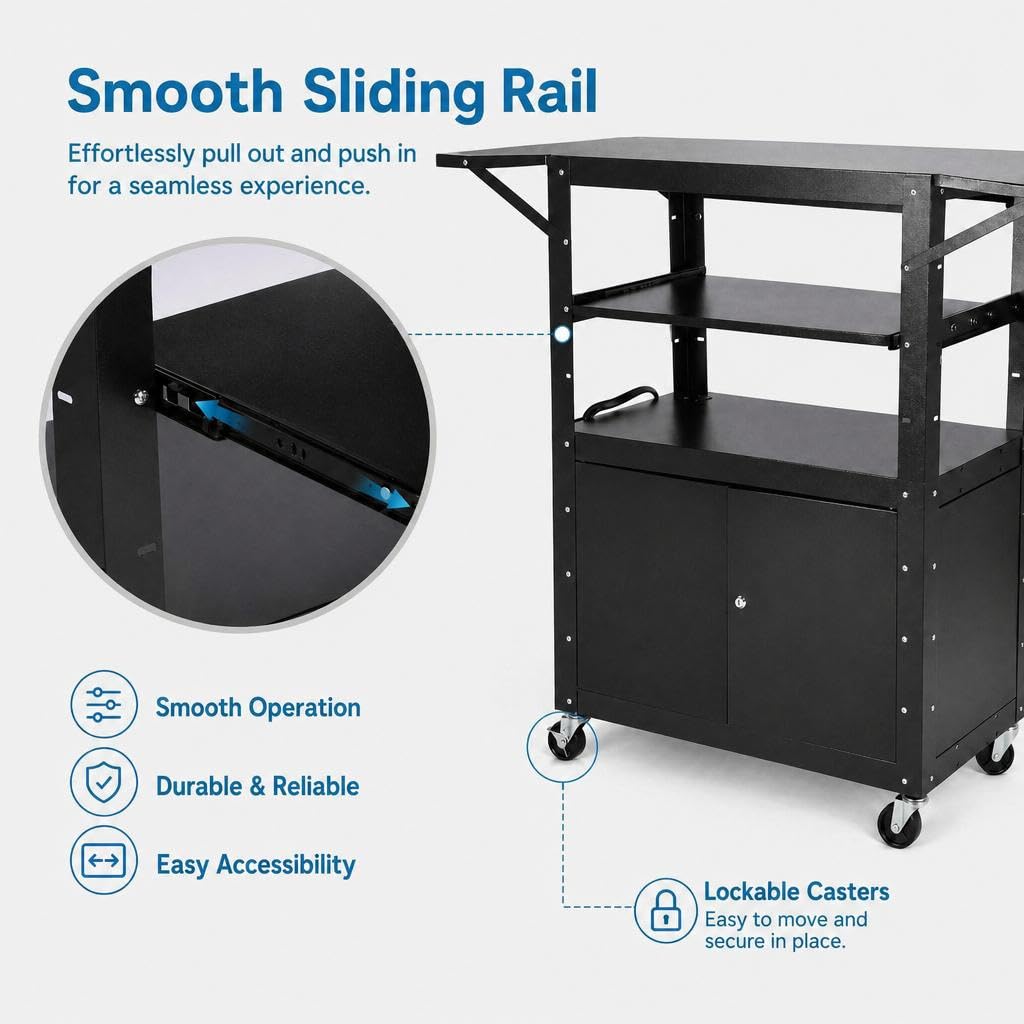 Mobile AV Cart with Lockable Cabinet, Adjustable Height Laptop Stand with Extension Rack, Drop Leaf Workstation, Extra Storage Space, Power Strip Included, Rolling Utility Cart