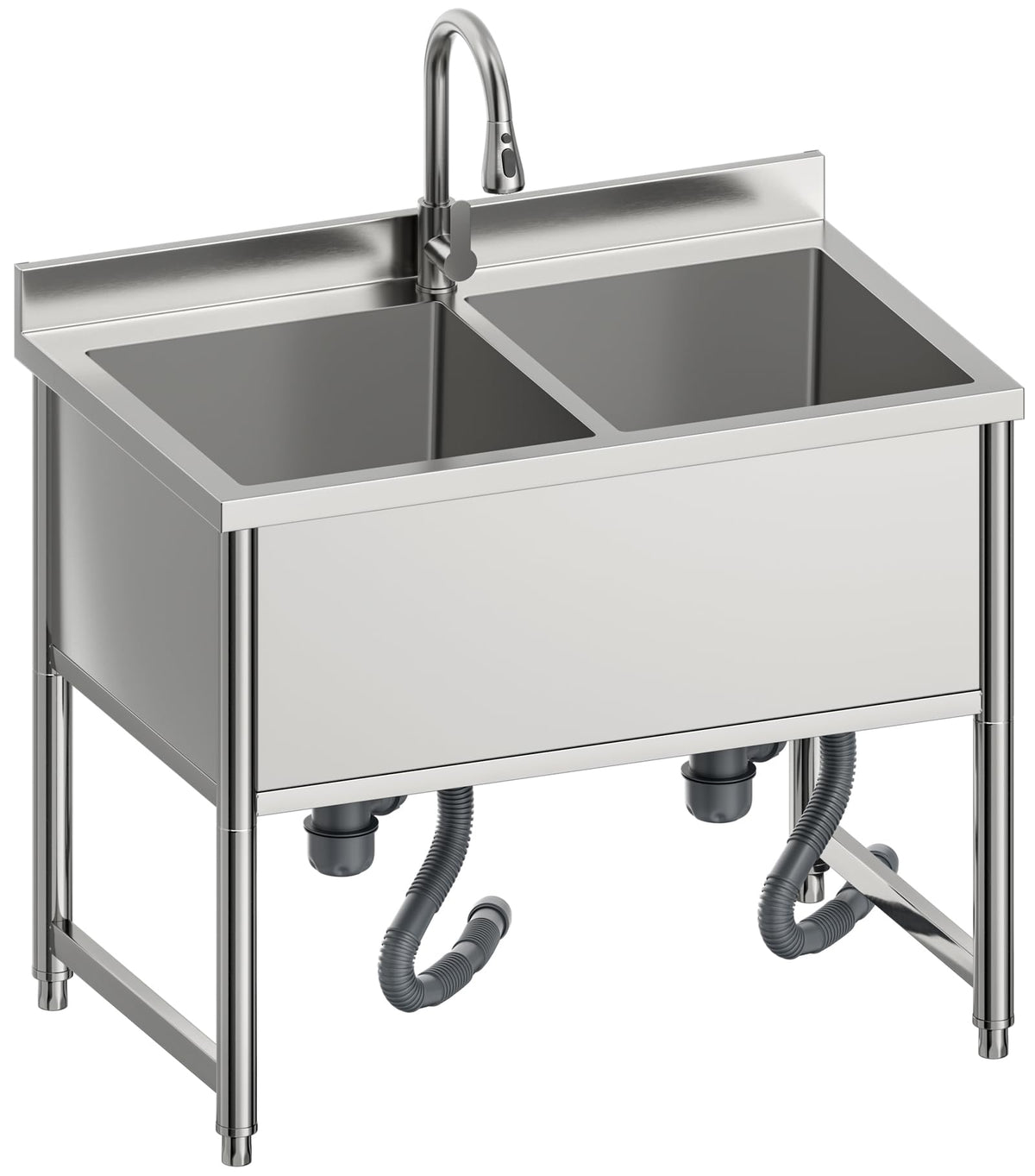 35" Stainless Steel Commercial Sink 2 Bowl Freestanding Kitchen Sink with Pull-out Faucet, Large Utility Sink for Kitchen, Dishwashing, Thawing, Laundry Room, Garage, Outdoor, Total Capacity 36 Gallon