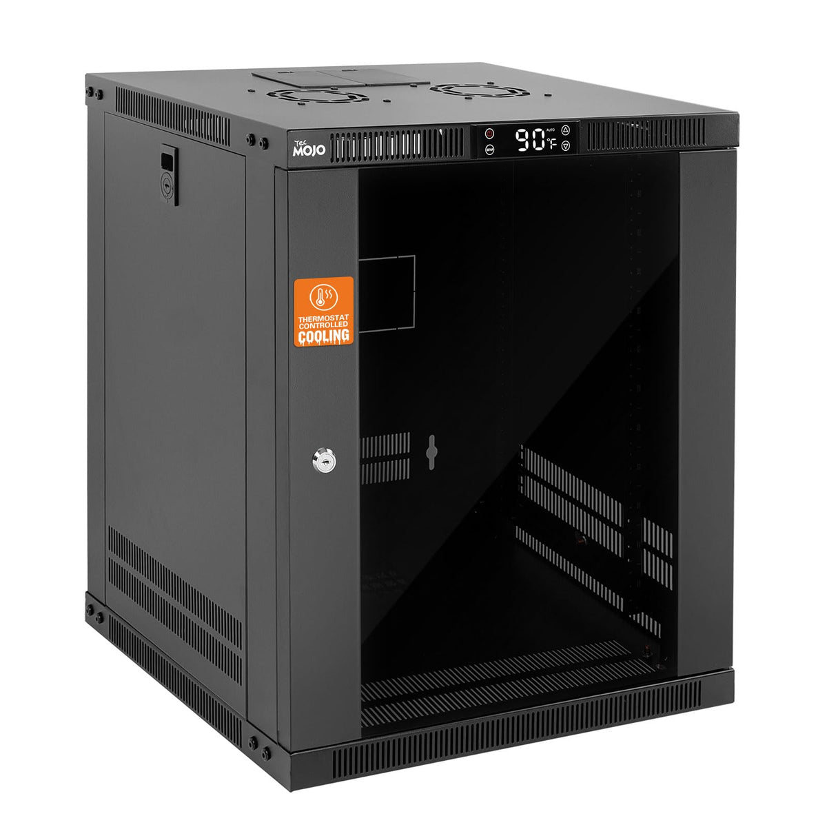 Tecmojo 12U Wall Mount Rack with Thermostat, 17.7inch Depth Enclosed Server Cabinet with 2 Cooling Fans,Lockable Door & Hardware,12U Rack for 19inch Equipments,Glass Door
