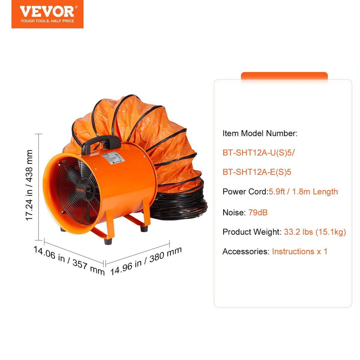 VEVOR Air Mover Blower Fan 12 Inch, 3198CFM 585W with 16.4ft Flexible Duct, Industrial Portable Ventilator Blower/Exhaust, Orange