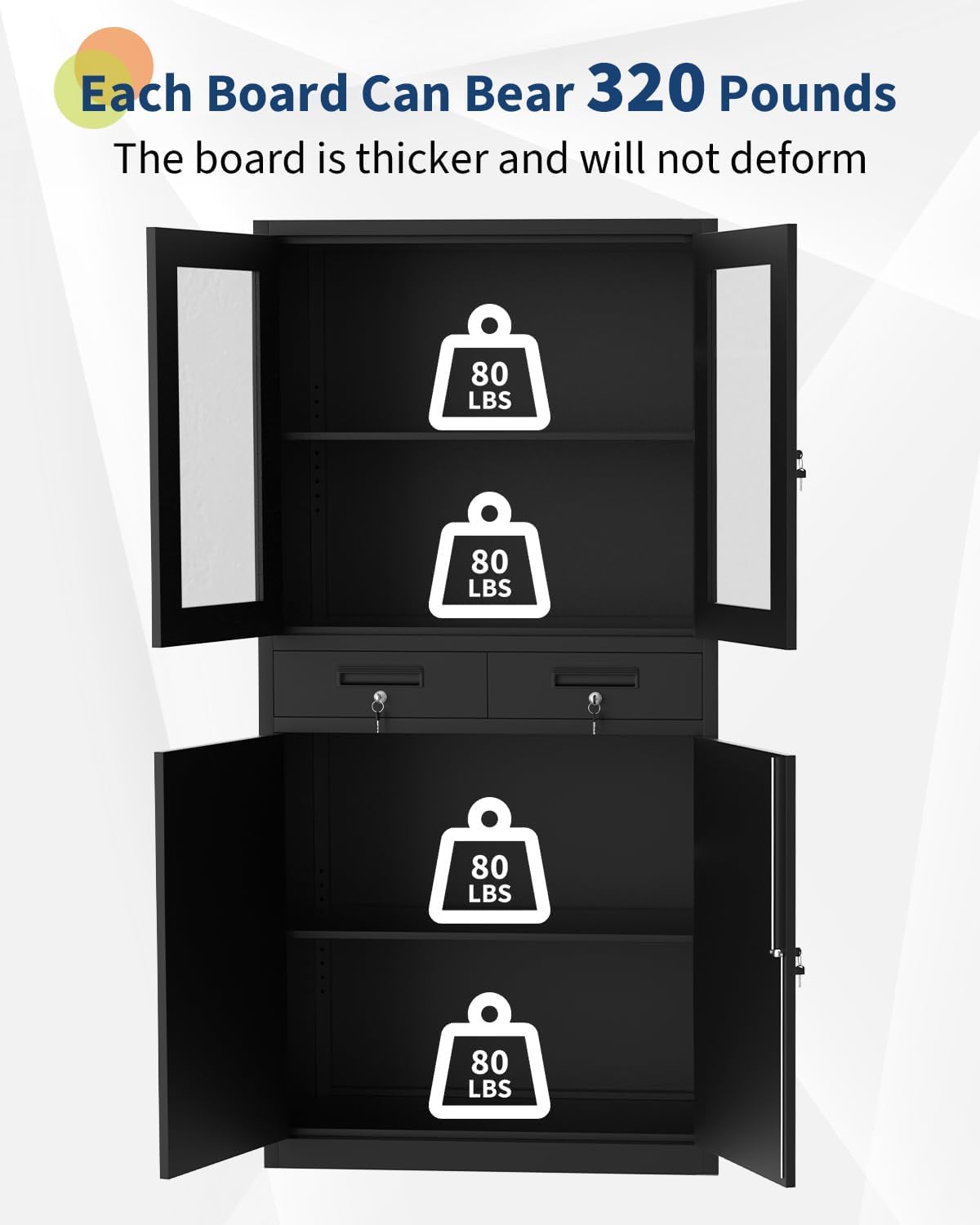 PioneerWorks 71" Black Metal Storage Cabinet w/Glass Doors | 2 Drawers + 2 Adjustable Shelves, Lock Feature | for Garage, Home Office Organization