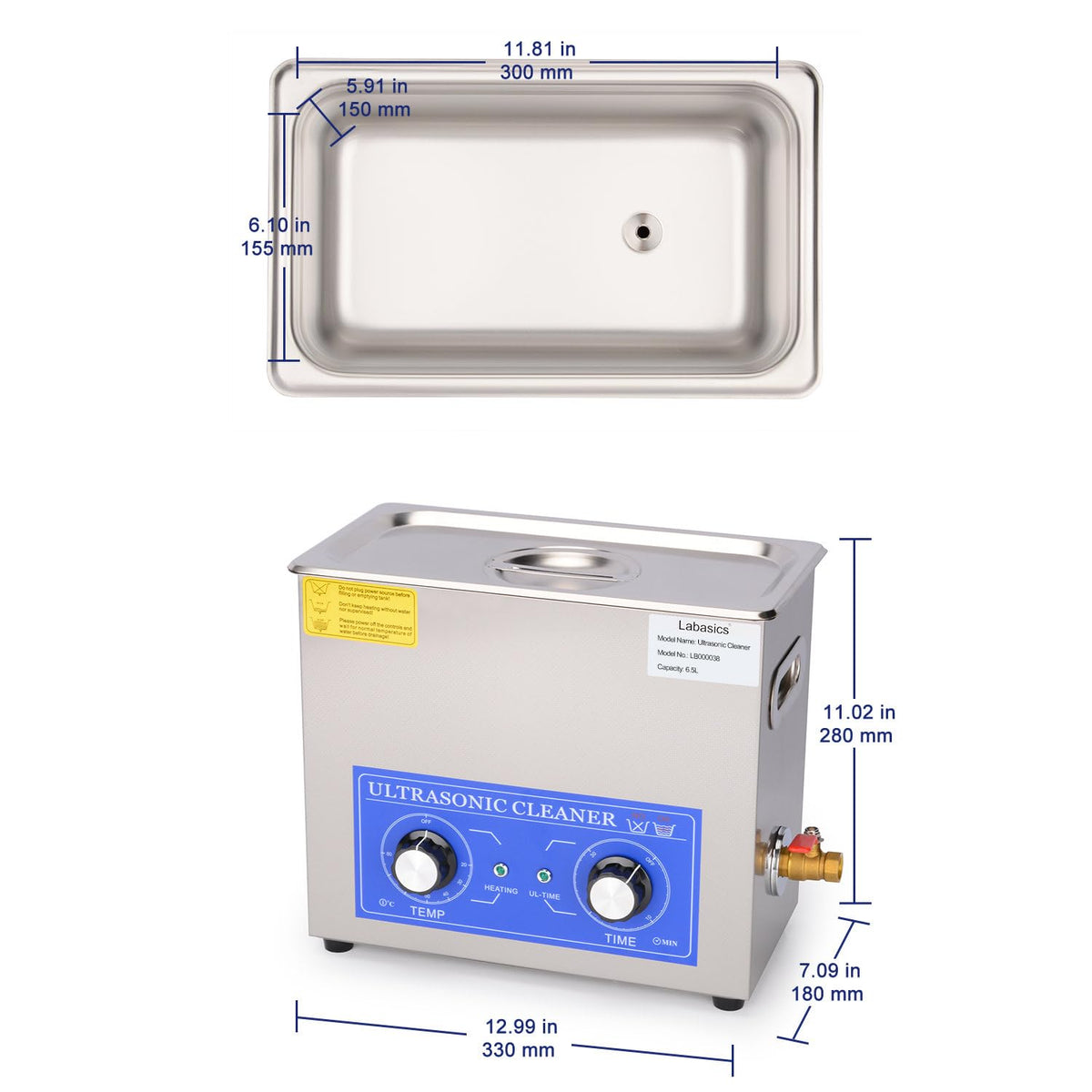 Labasics Ultrasonic Cleaner, 304 Stainless Steel All-purpose Ultrasonic Washing Device with Mechanic Control Panel of Heating and Timer for Laboratory 40kHz 110V, 6.5L